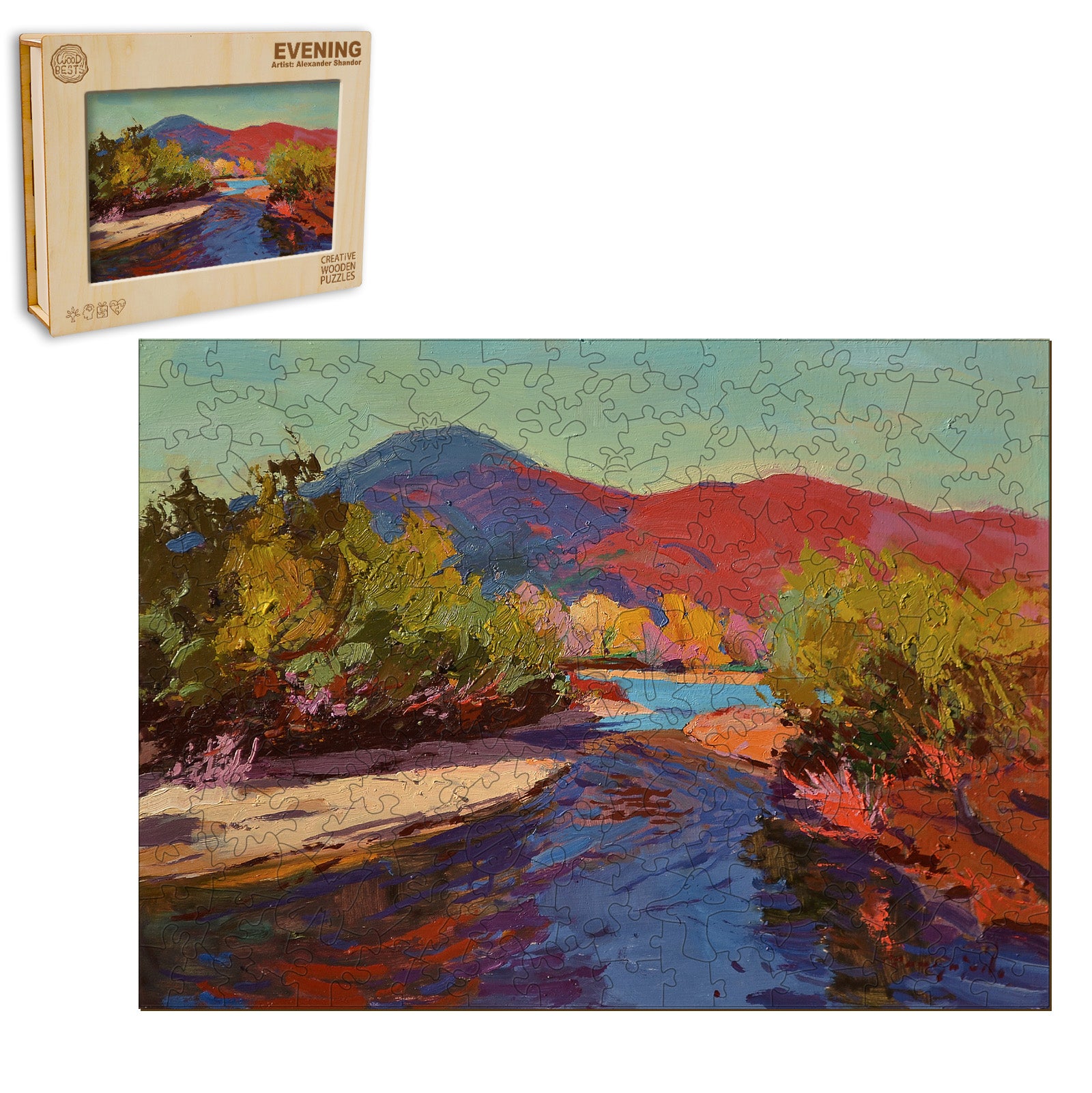 Evening puzzle by artist Alexander Shandor, featuring a vibrant river scene with colorful mountains.