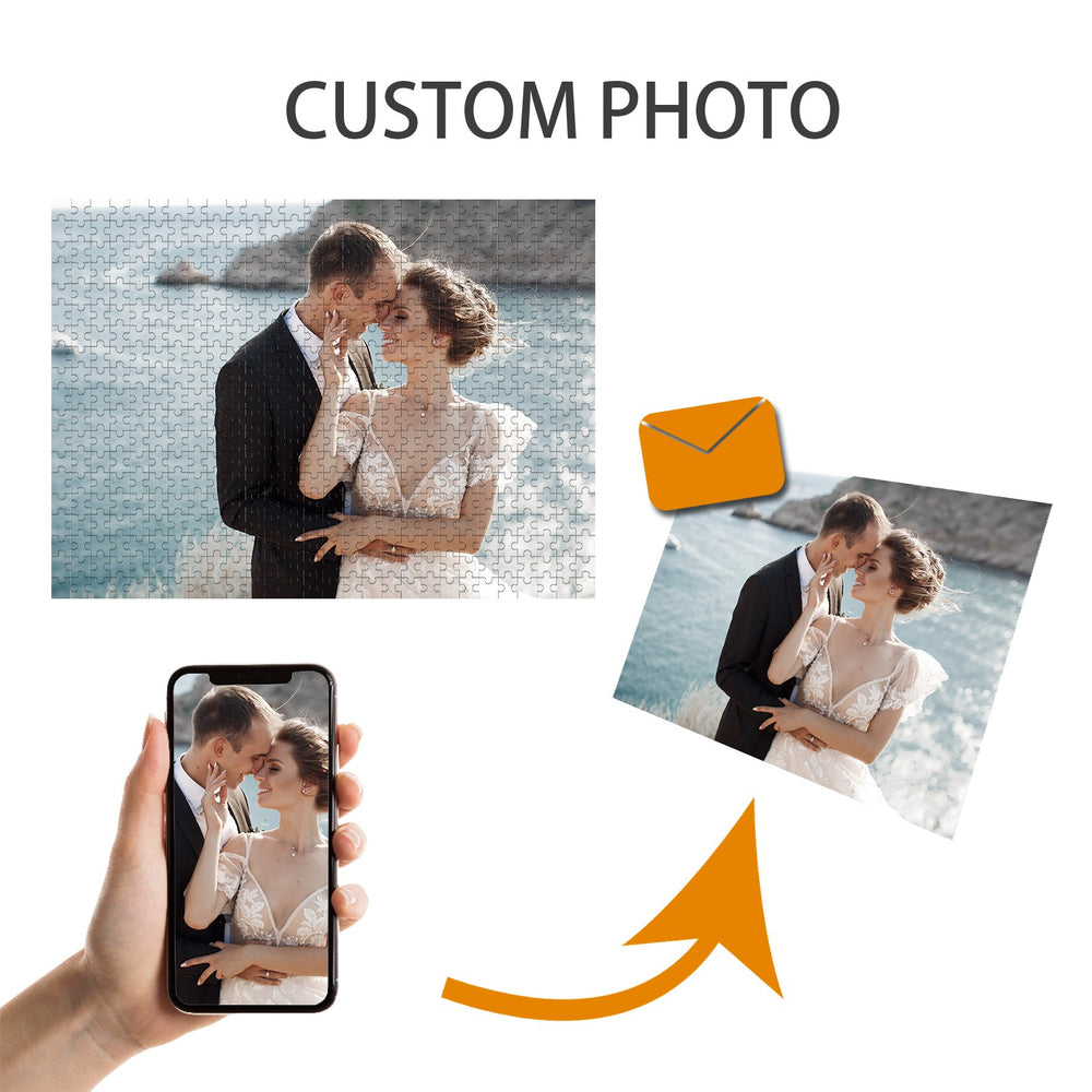 Custom photo jigsaw puzzle featuring a couple, ideal for weddings and anniversaries.