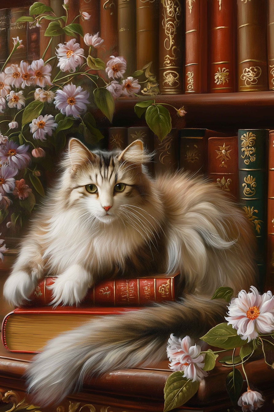 Calico cat lounging on books with flowers around, perfect for puzzle lovers and cat enthusiasts.