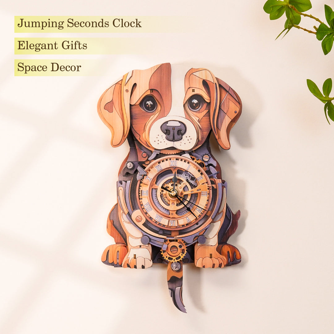 Cute beagle wooden clock 3D puzzle kit, elegant gifts and unique space decor item.