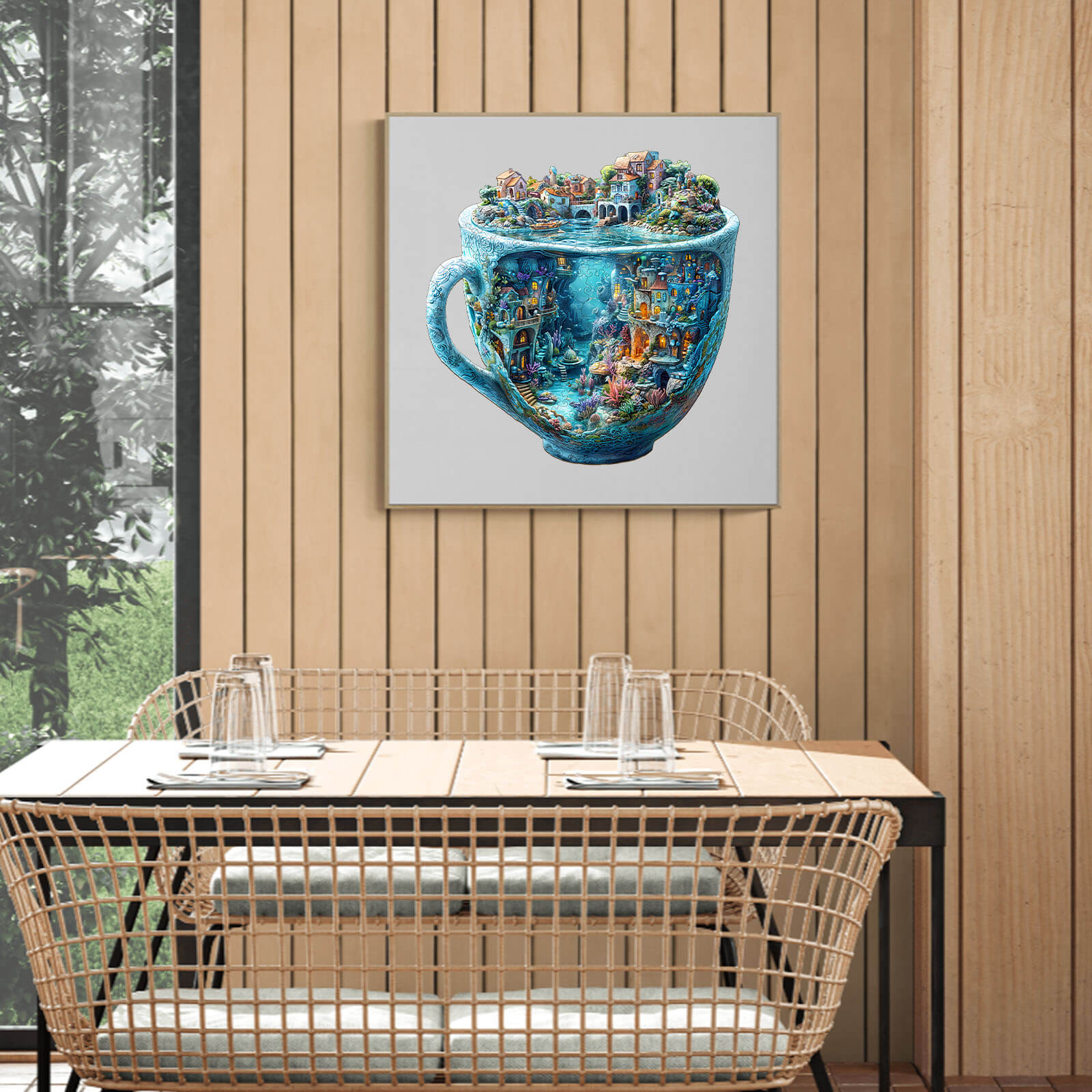 3D Ocean Mug Wooden Jigsaw Puzzle displayed on a wall in a modern dining area, showcasing its vibrant ocean scene.