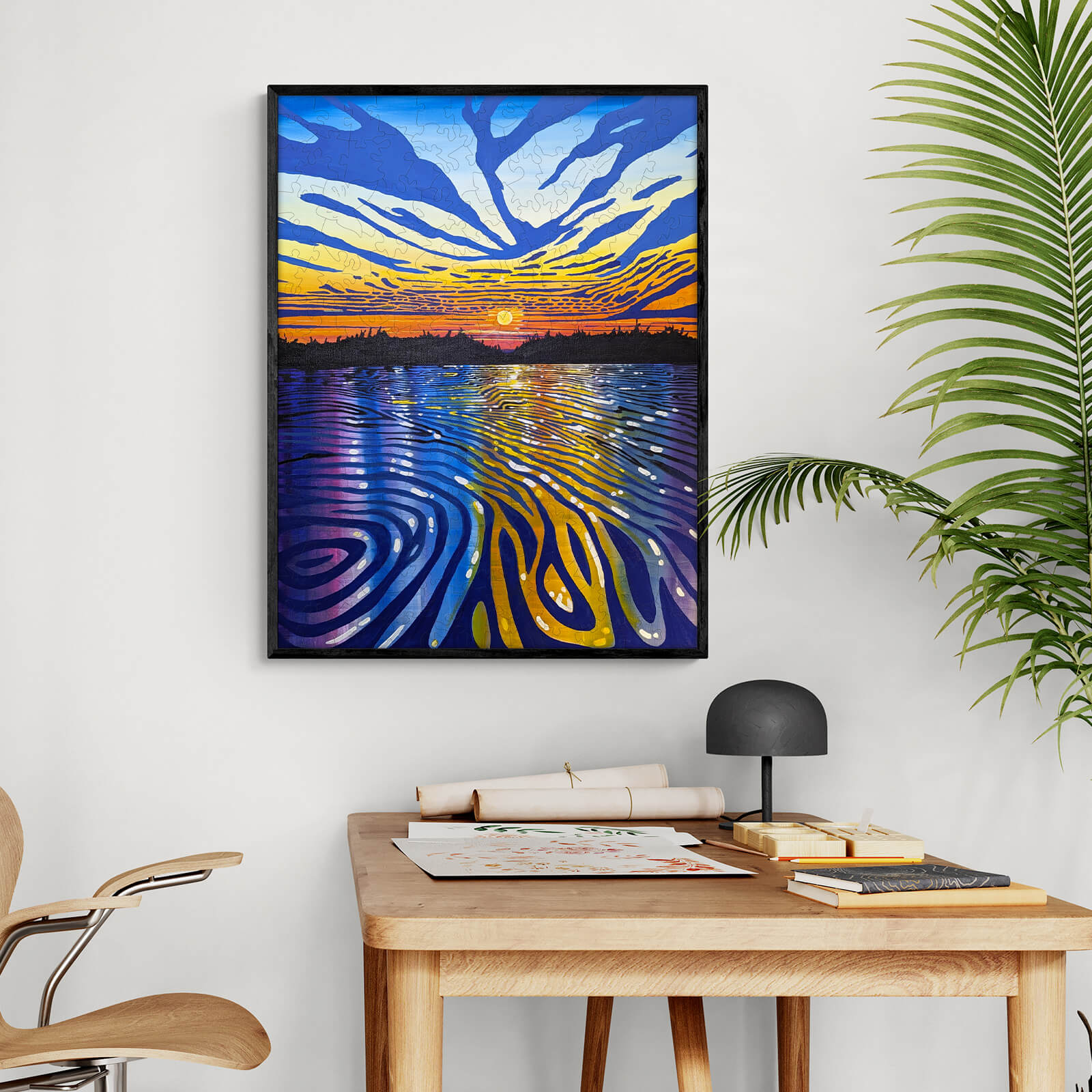 Vibrant sunset over water artwork by Sarah Bradfield, showcasing colorful waves and a serene atmosphere.
