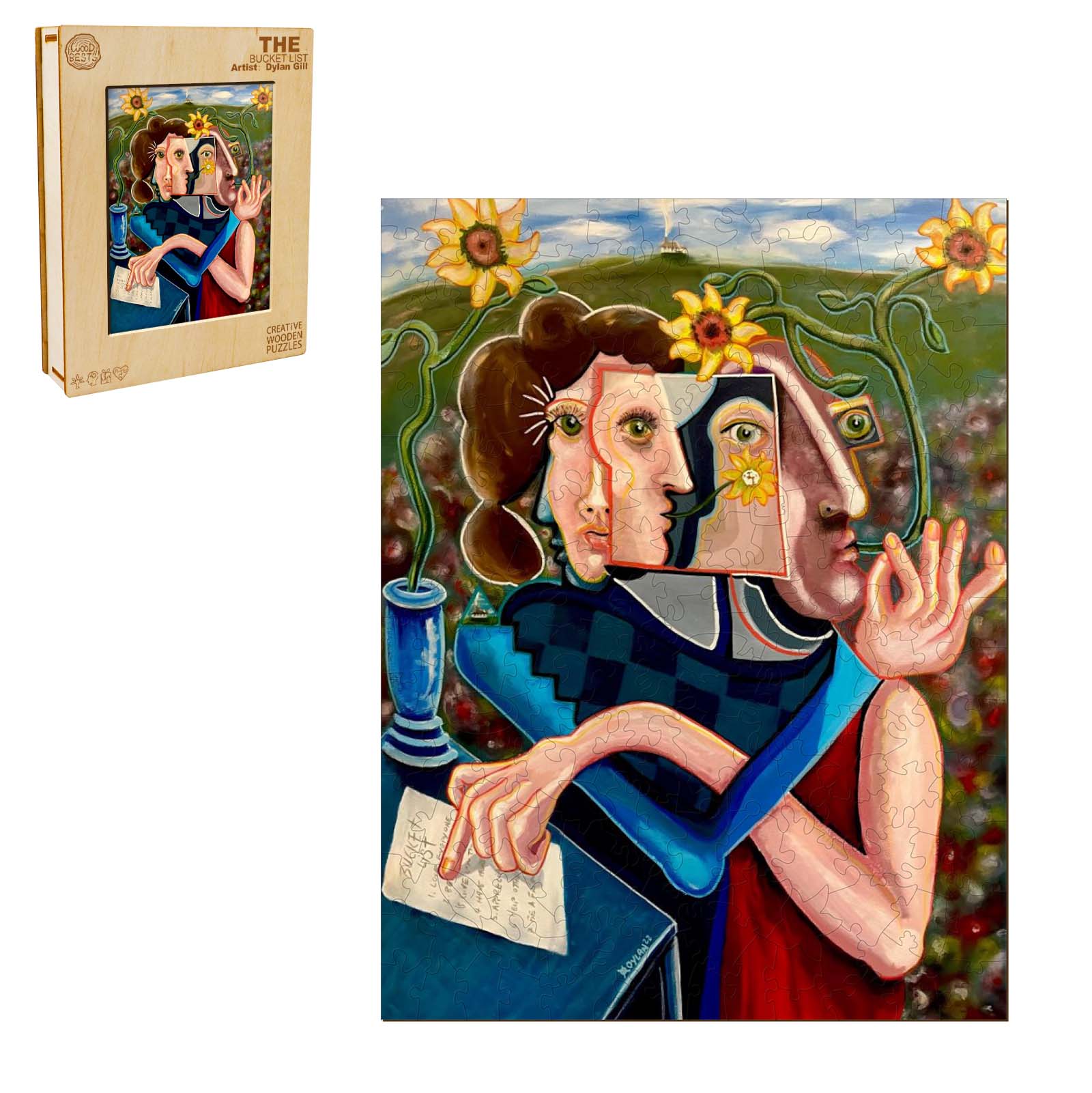 Art print 'The Bucket List' by Dylan Gill showcasing vibrant colors and unique abstract faces, perfect for artistic inspiration.