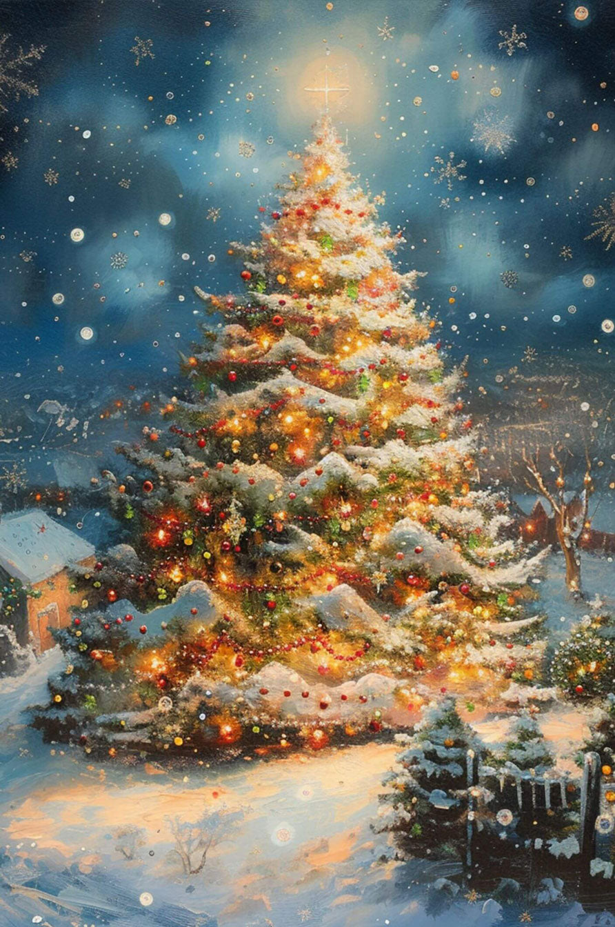 Beautifully decorated Christmas tree surrounded by snow and lights, perfect for a festive jigsaw puzzle experience.