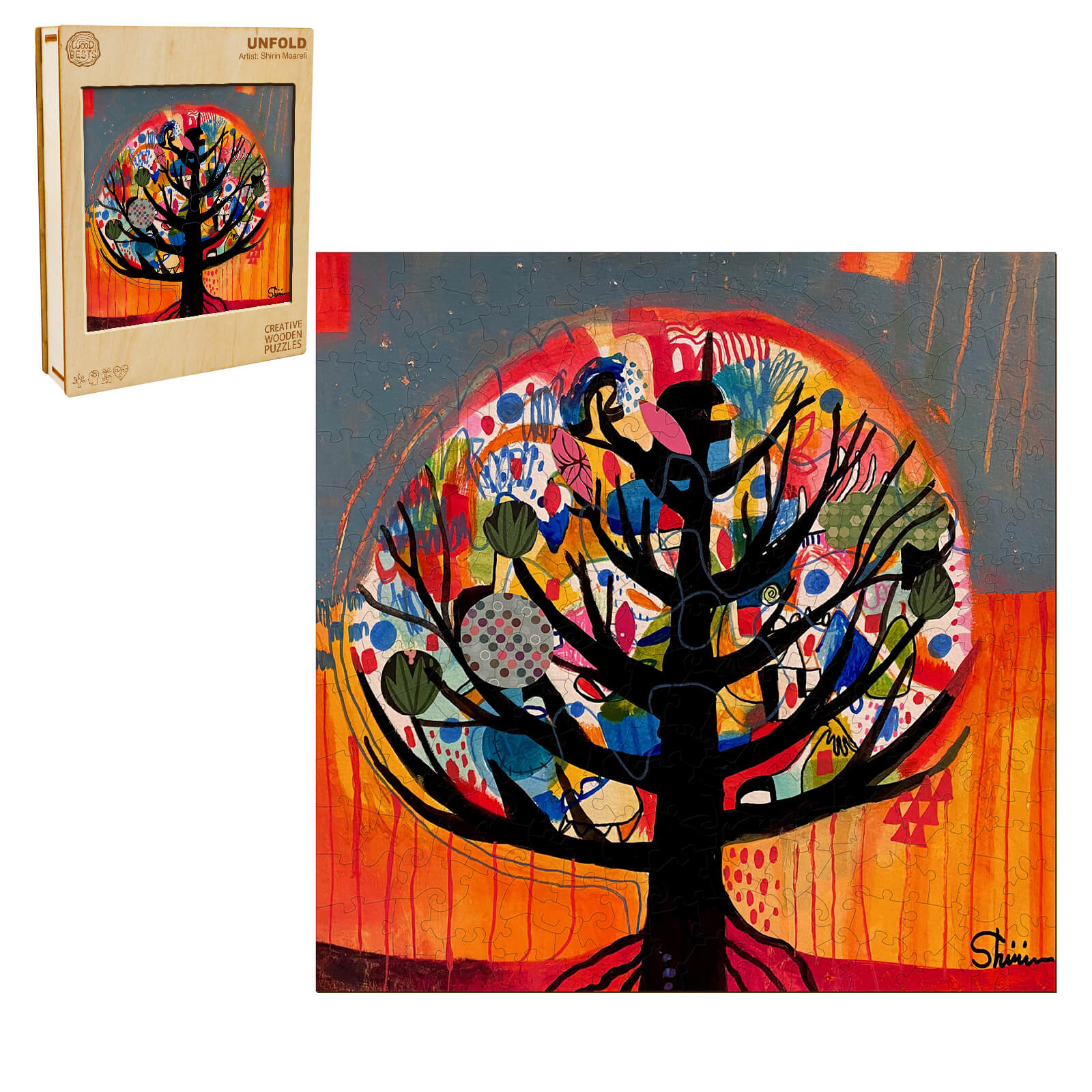 Art piece 'Unfold' by Shirin Moarefi featuring a colorful tree design, perfect for artistic inspiration.