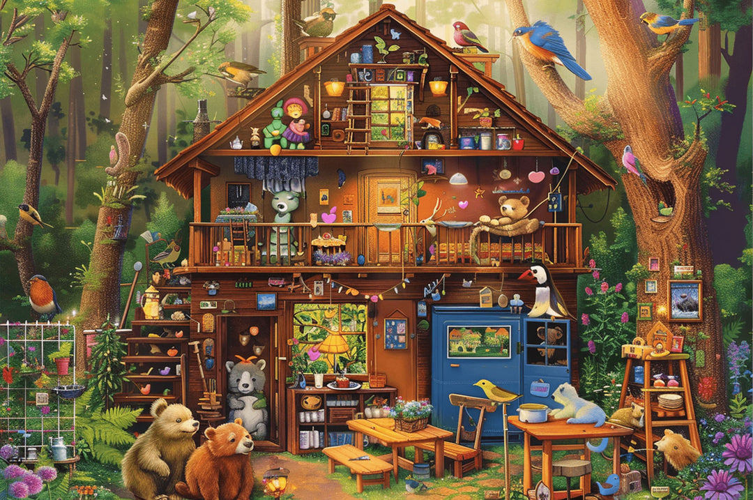 Cabin in the Woods 500/1000 piece jigsaw puzzle featuring a cozy forest scene with wildlife and charming details.