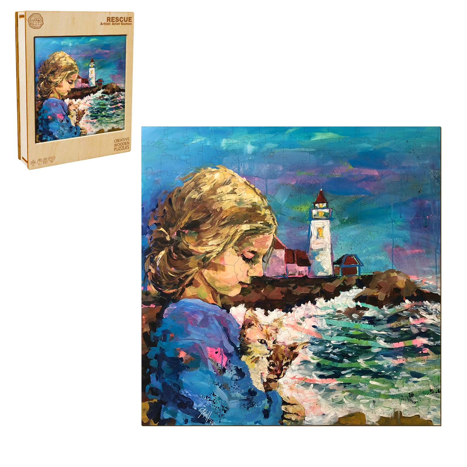 Rescue puzzle artwork by artist Arlet Gomez, featuring a girl holding a puppy by the ocean with a lighthouse.