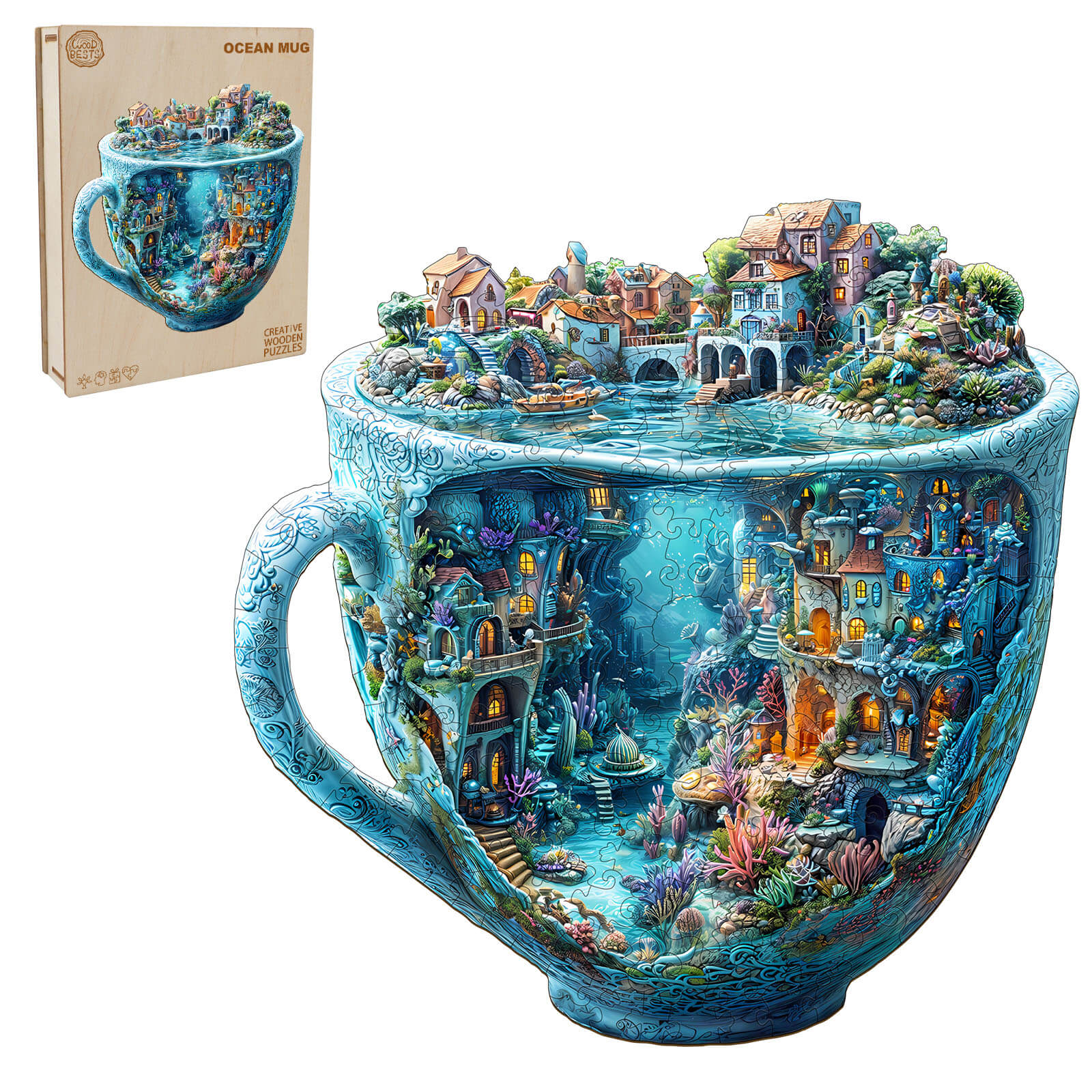 3D Ocean Mug Wooden Jigsaw Puzzle showcasing a vibrant underwater village with intricate details and rich colors.