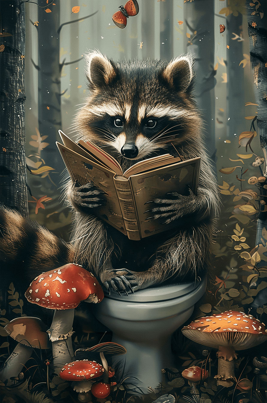 Studious raccoon reading a book surrounded by mushrooms in a forest, perfect for puzzle lovers and mind game enthusiasts.