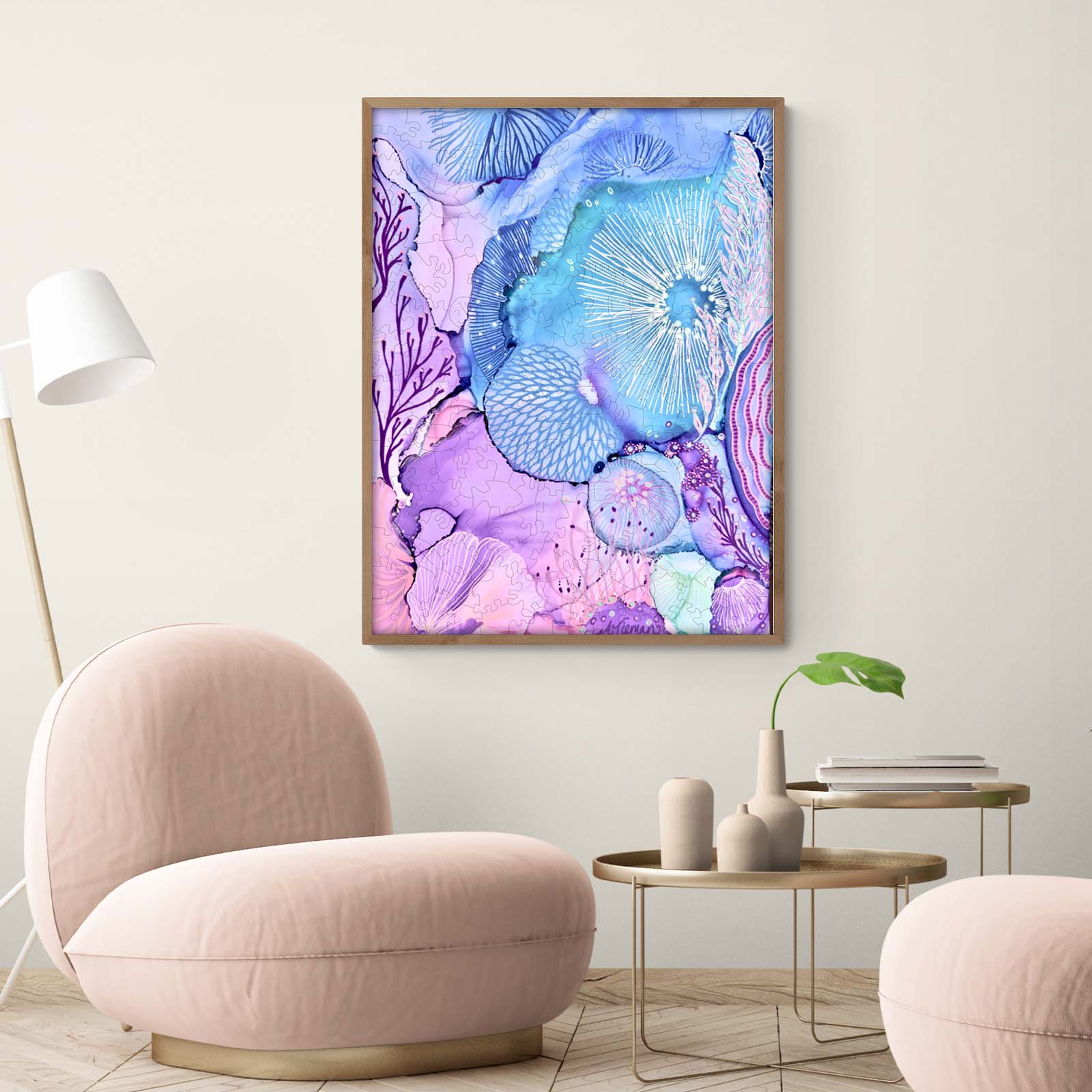 Tidal Tranquility art by Amy Tieman, vibrant abstract ocean-themed painting in a modern living space.