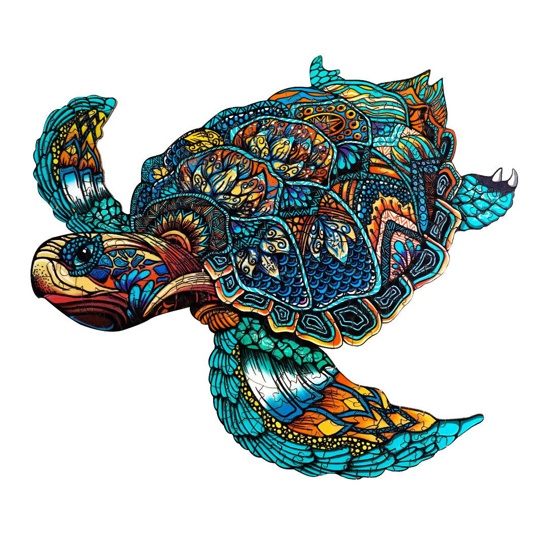 Vibrantly colored wooden turtle jigsaw puzzle piece showcasing intricate designs and unique shape.