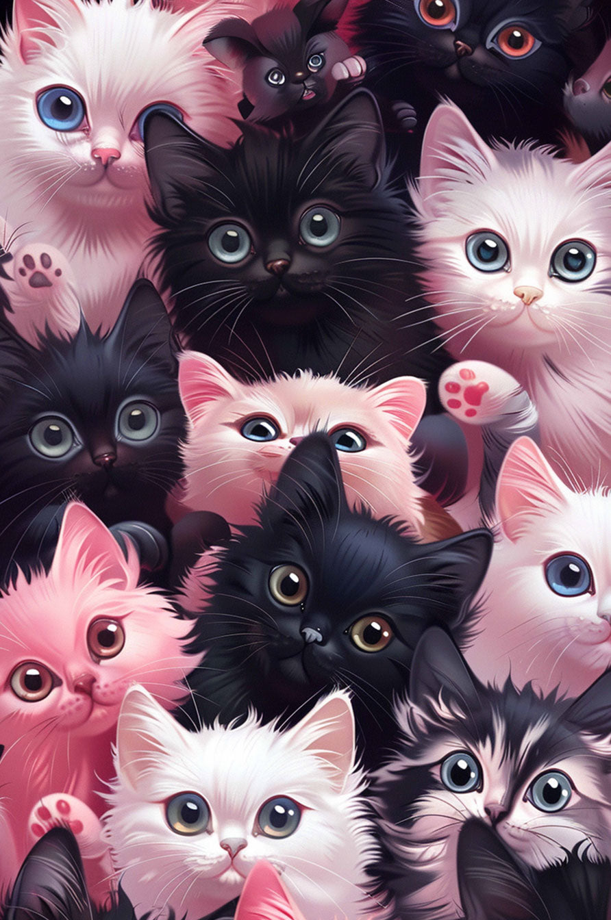 Colorful cartoon cats in various shades, featuring playful expressions, perfect for puzzle lovers and cat enthusiasts.