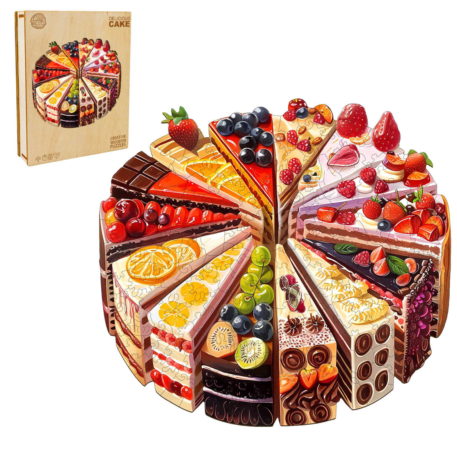 Delicious Cake Wooden Jigsaw Puzzle featuring colorful cake slices with various toppings, ideal for puzzles and mind games.