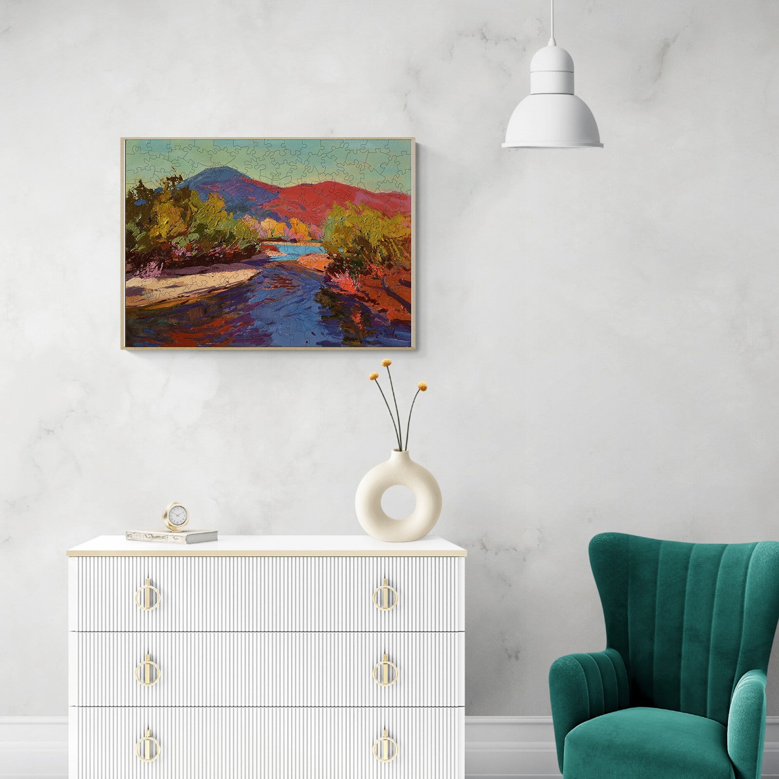 Evening artwork by artist Alexander Shandor displayed in a modern living room setting.