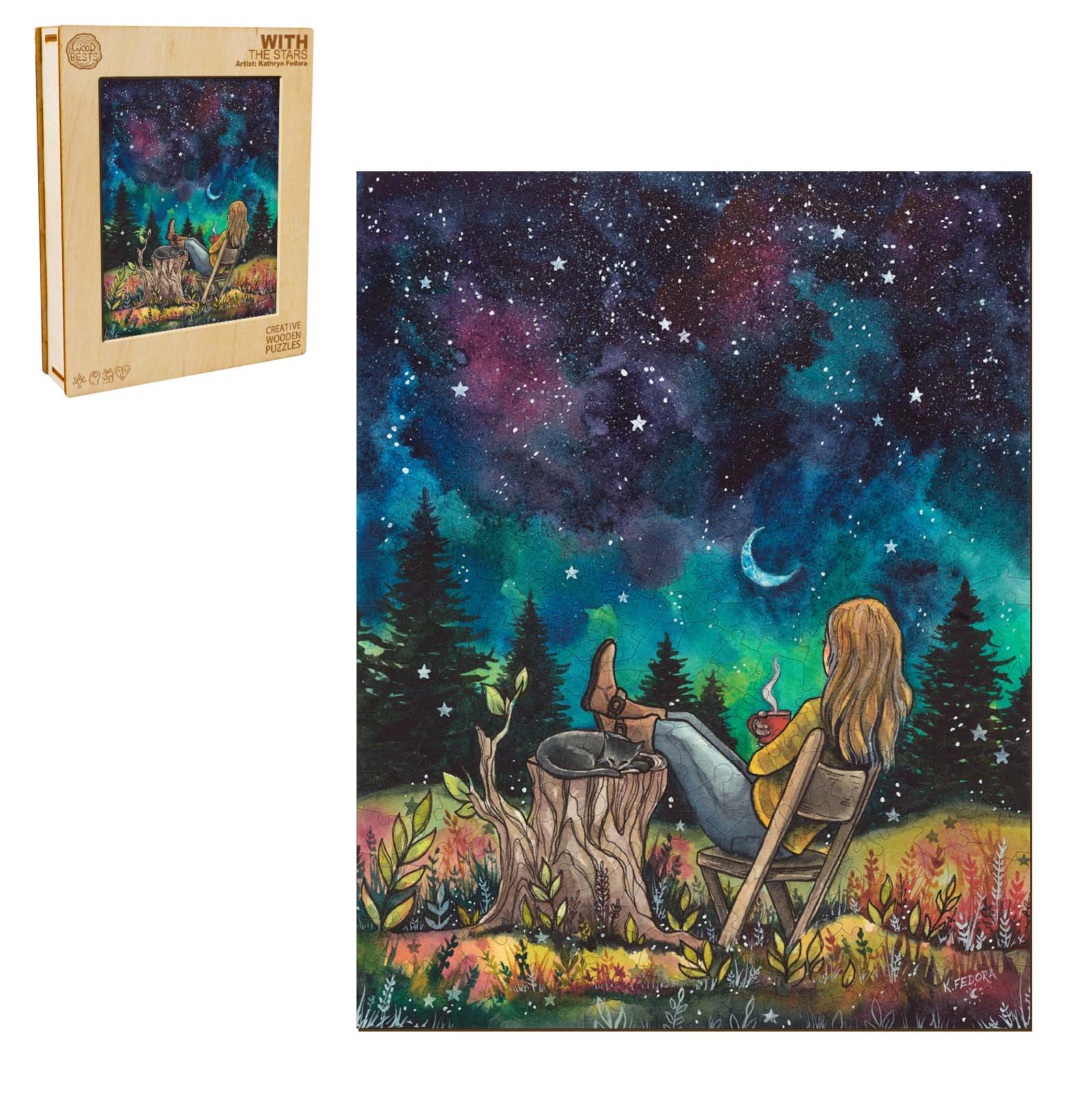 Art print 'With The Stars' by Kathryn Fedora, featuring a serene figure in nature under a starry night sky.