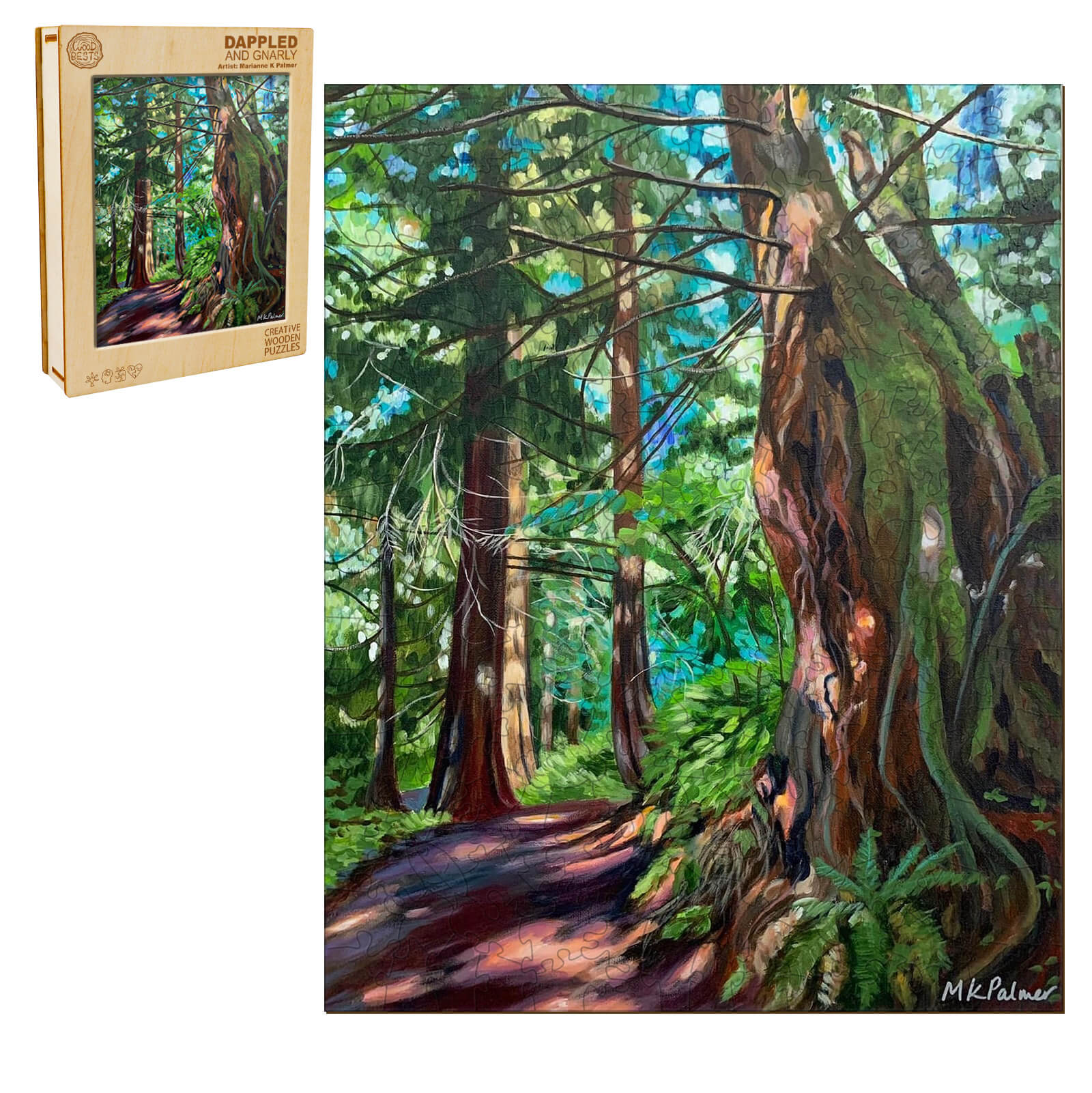 Dappled and Gnarly painting by Marianne K Palmer, featuring vibrant forest colors and textures, perfect for artistic inspiration.