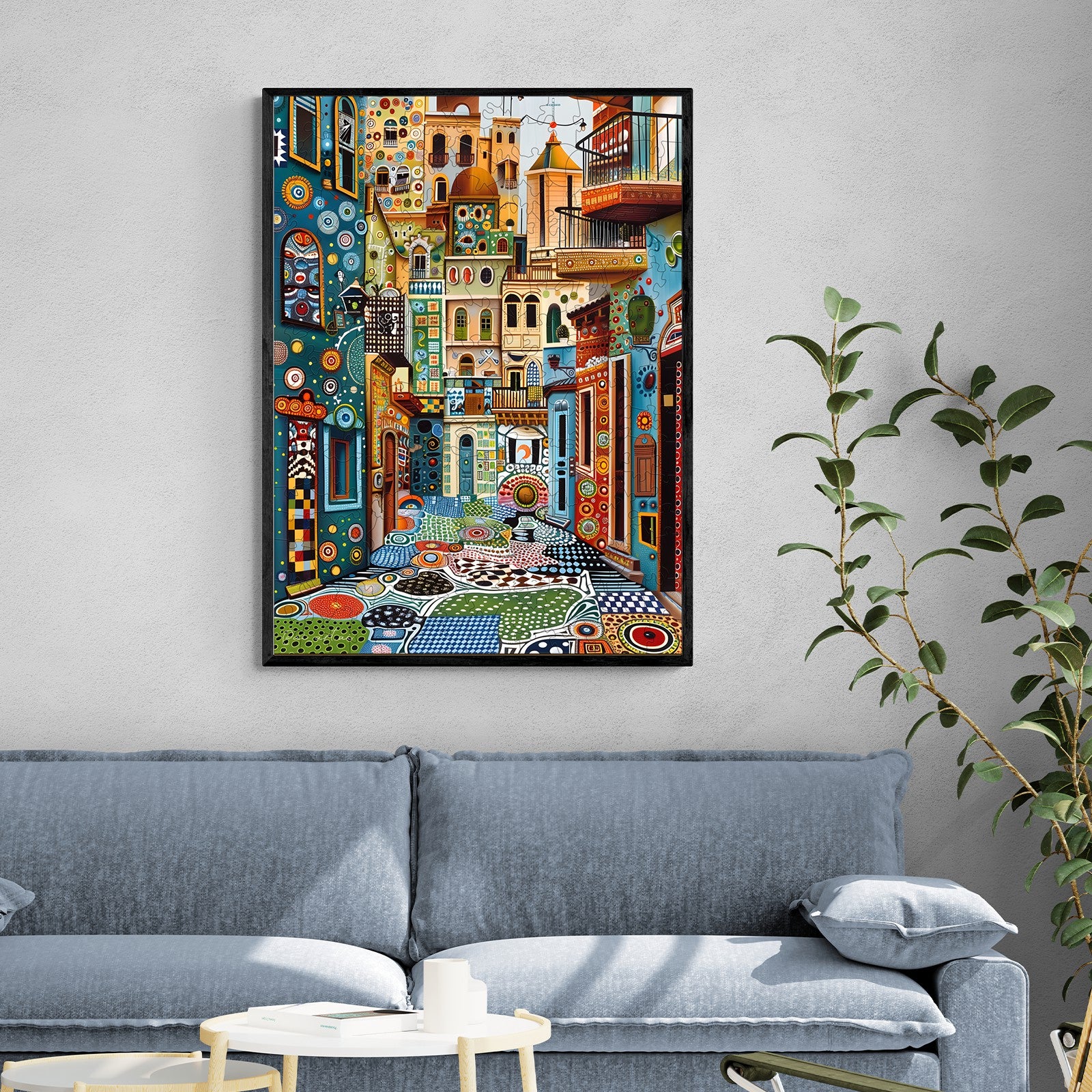 Colorful artwork by Pietro Gallo depicting vibrant street scenes in a cozy living room setting.