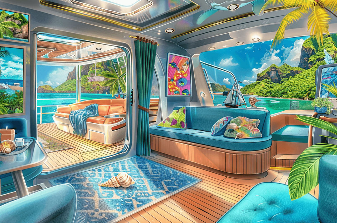 Colorful interior of a luxury yacht with ocean views and vibrant decor, perfect for a relaxing puzzle experience.