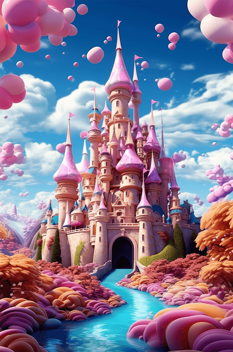 Dream Castle puzzle with vibrant pink towers and whimsical landscape, perfect for jigsaw puzzle enthusiasts.