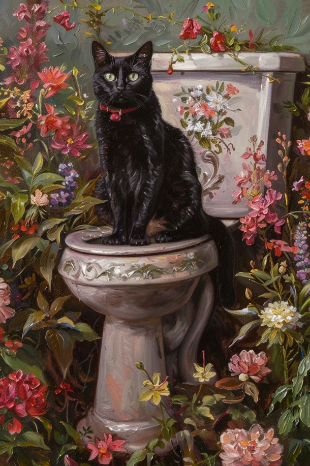 Elegant black cat sitting on a toilet surrounded by colorful flowers in a beautifully detailed painting.