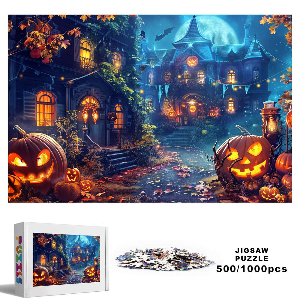 Halloween Castle 500/1000 piece jigsaw puzzle featuring a spooky scene with jack-o'-lanterns and a haunted house.