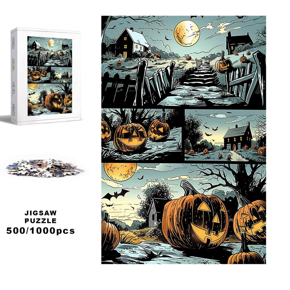 Scary Pumpkin jigsaw puzzle with 500/1000 pieces, featuring spooky pumpkins and a haunted house at night.