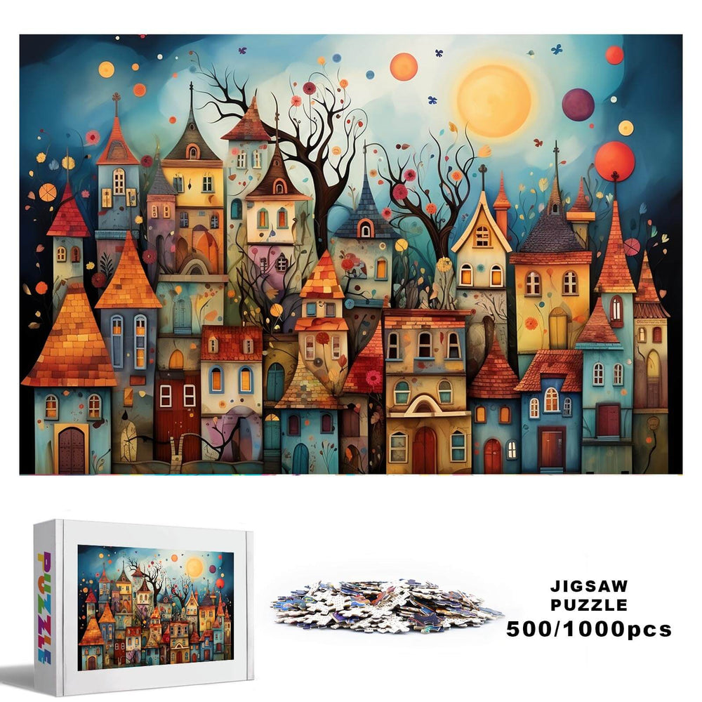 Weird Town 500/1000 piece jigsaw puzzle showcasing colorful cartoonish houses and trees for mind games.
