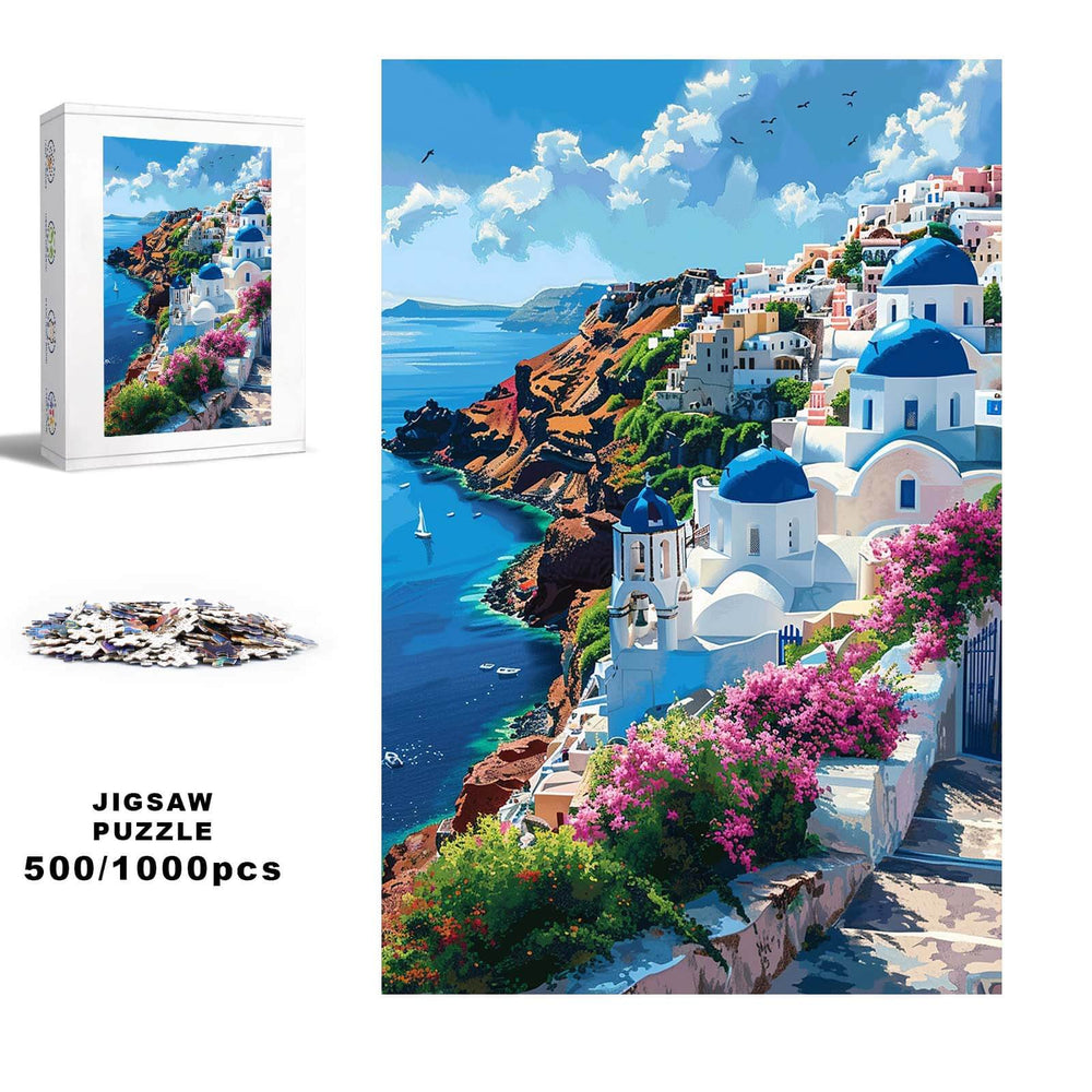 Santorini 500/1000 piece jigsaw puzzle showing vibrant landscape and sea, perfect for puzzle lovers and mind games.