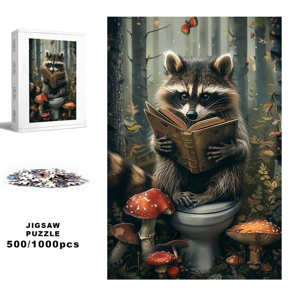 Studious Raccoon jigsaw puzzle featuring a raccoon reading in a forest, available in 500 and 1000 piece options.