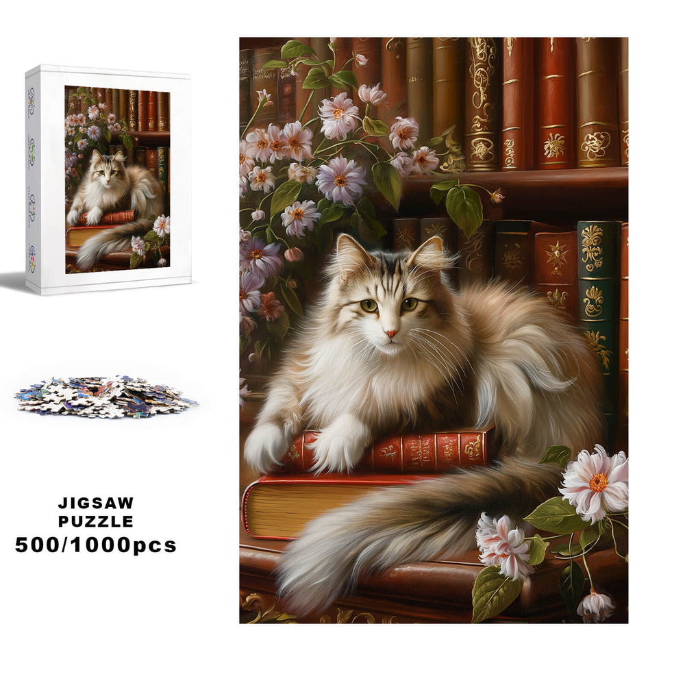 Cat on the Bookshelf 500/1000 piece jigsaw puzzle featuring a fluffy cat among flowers and books.