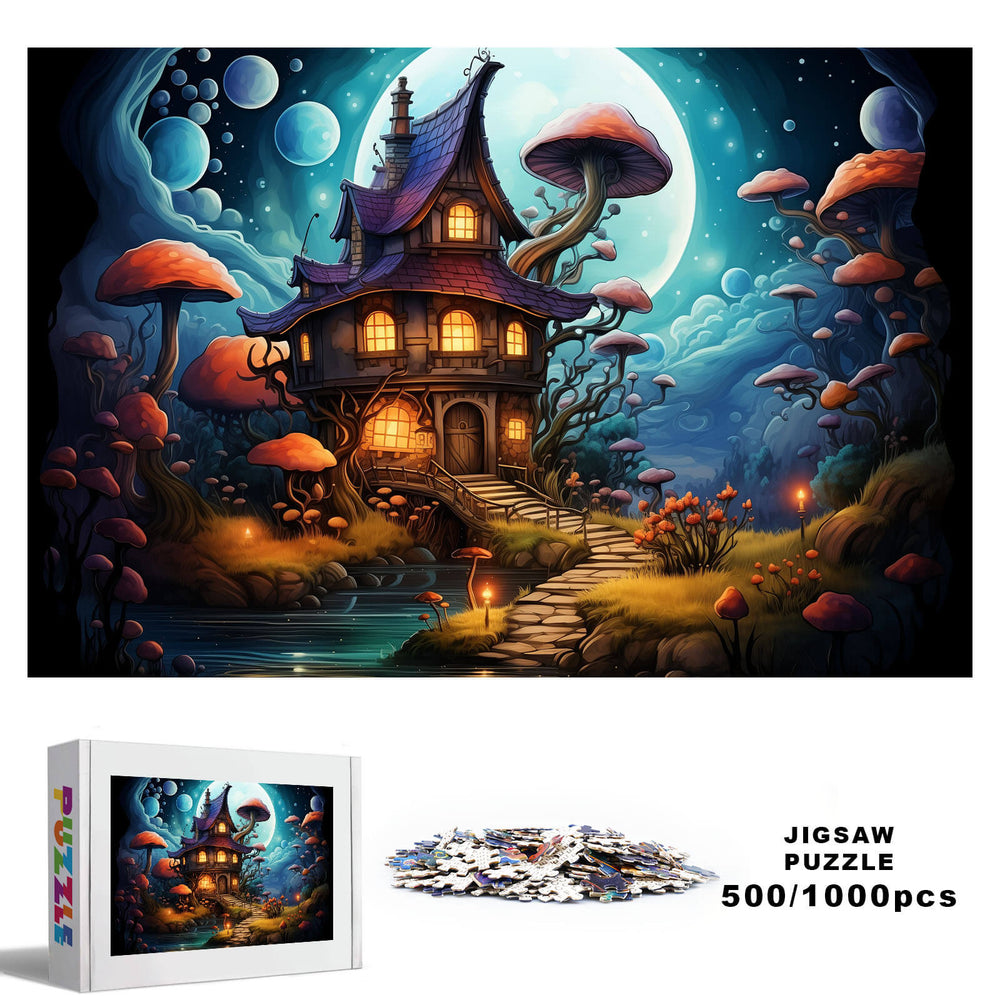 Weird Castle 500/1000 Piece Puzzle featuring a whimsical house and mushrooms, perfect for mind games and enhancing focus.