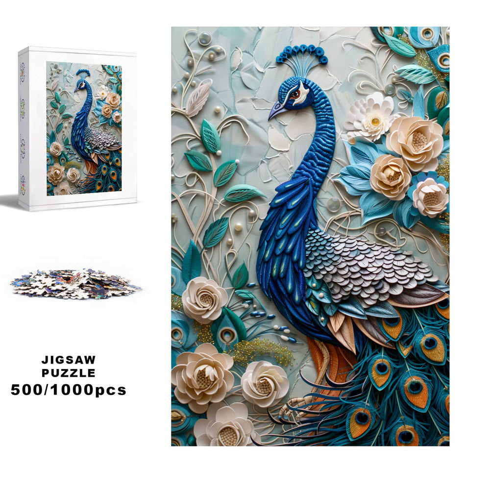 Peacock Mural 500/1000 piece jigsaw puzzle featuring vibrant colors and detailed floral designs.