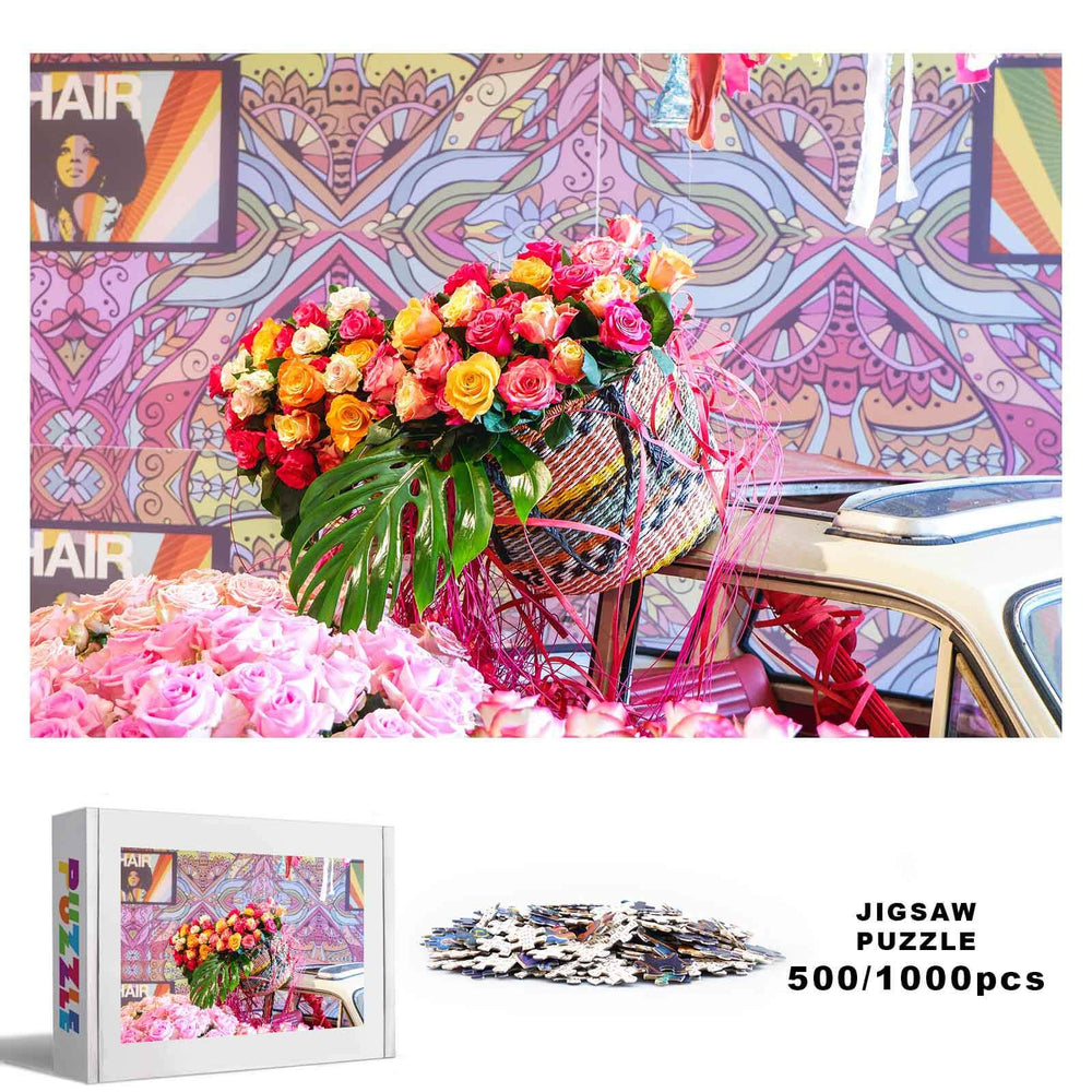 Happy Flower Basket 500/1000 piece jigsaw puzzle featuring vibrant roses and artistic background for focus and fun.