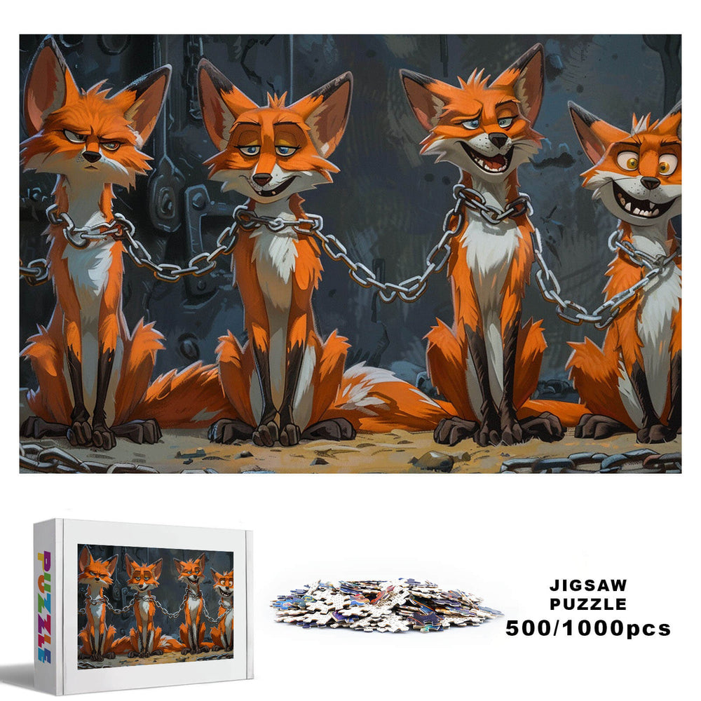 Colorful jigsaw puzzle of foxes in captivity, 500/1000 pieces, designed for puzzle enthusiasts and mind games.
