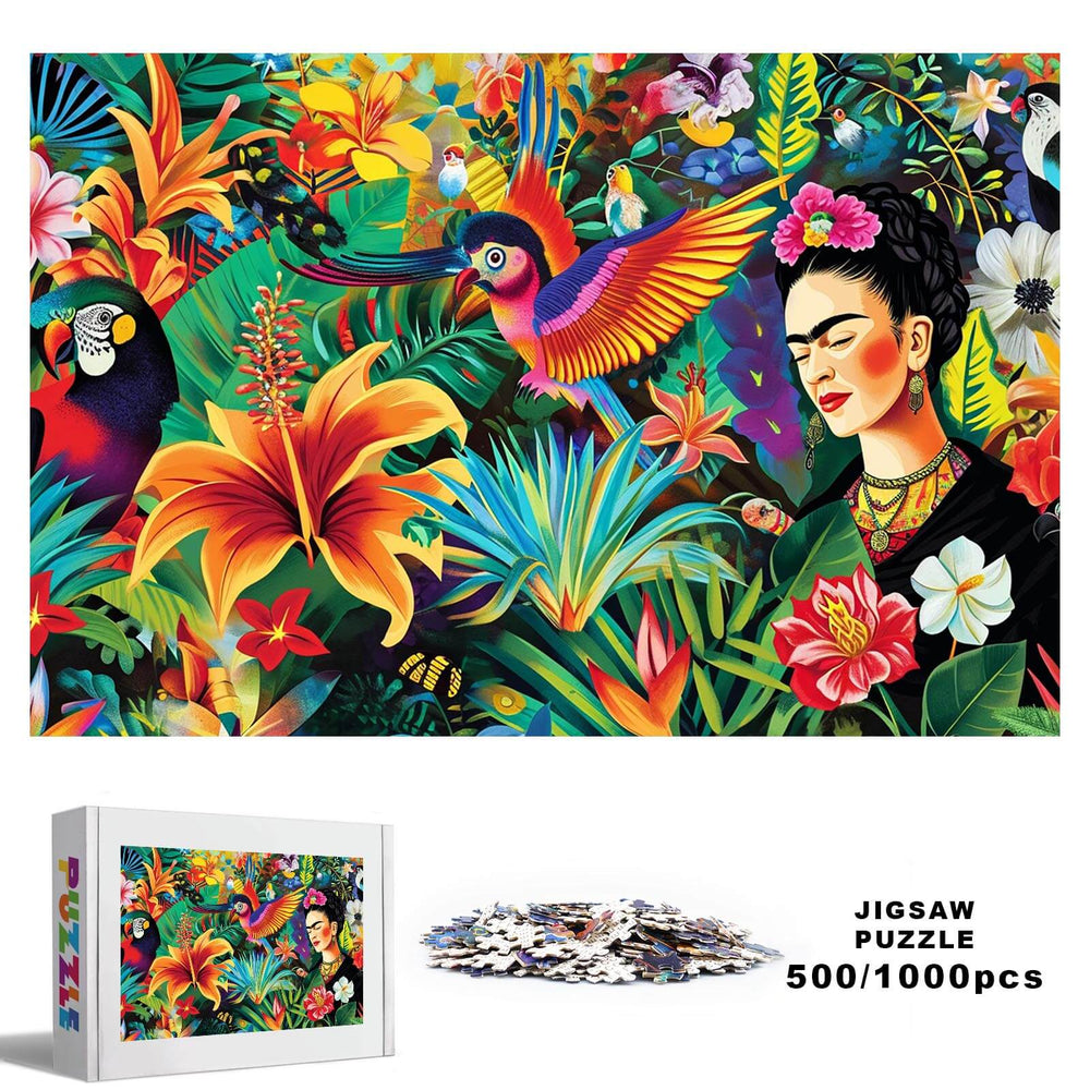Colorful 500/1000 piece jigsaw puzzle featuring a cluster of flowers, birds, and a woman in a vibrant nature scene.