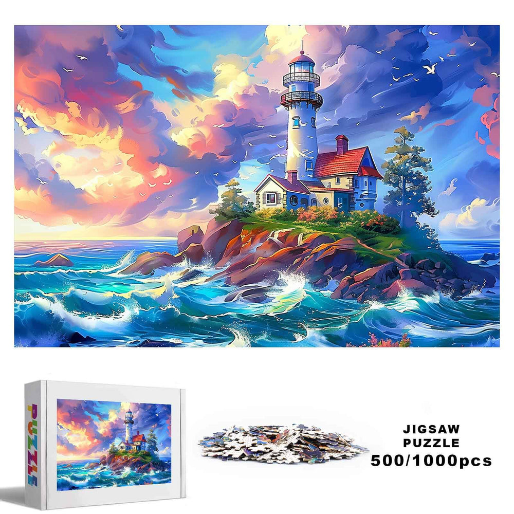 Lonely Island Lighthouse 500/1000 Piece Puzzle featuring a vibrant lighthouse and ocean scene for puzzle enthusiasts.