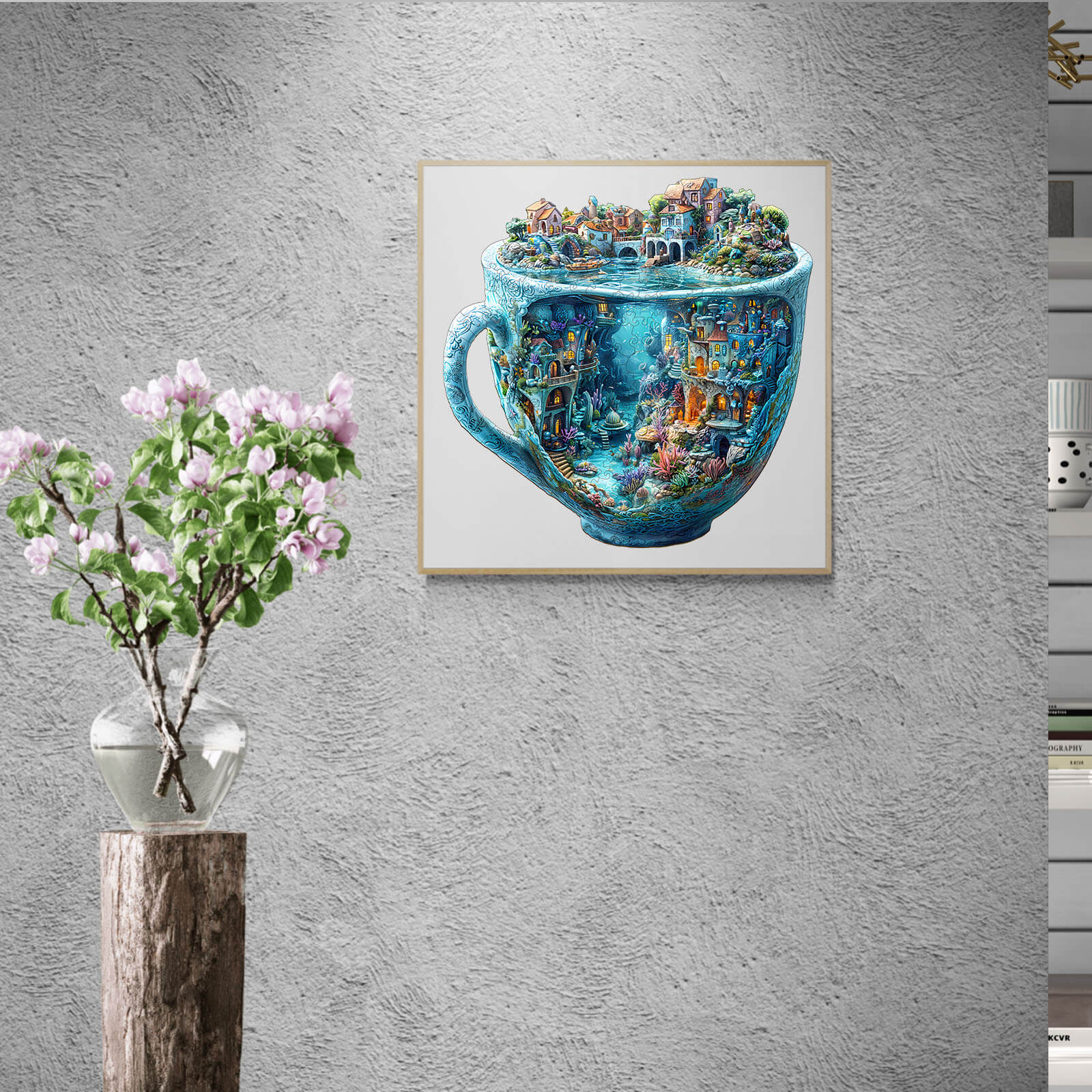 Colorful 3D Ocean Mug Wooden Jigsaw Puzzle artwork displayed on a textured wall with a floral vase.