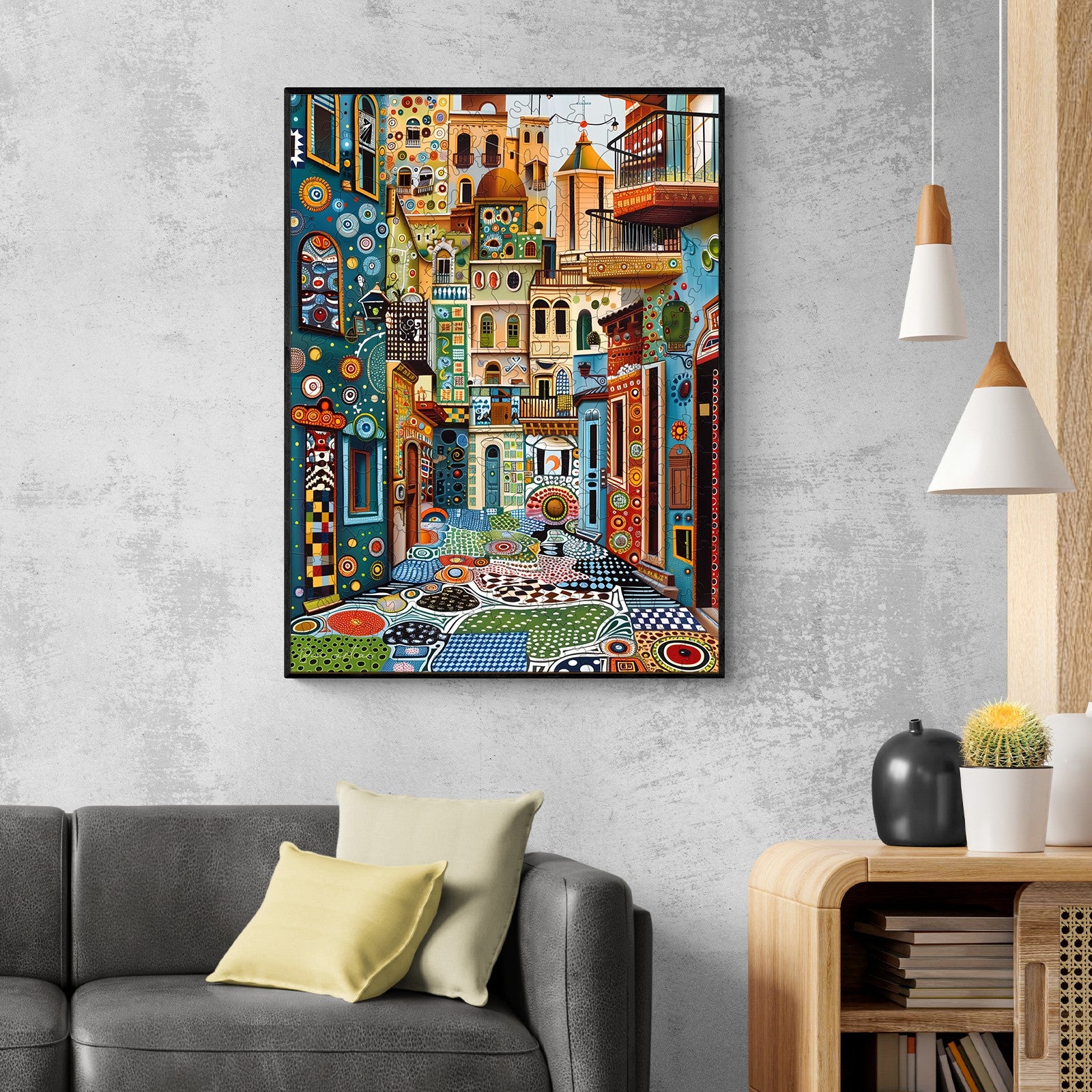 Vibrant marzipan artwork by artist Pietro Gallo, showcasing colorful street scenes in a modern living space.