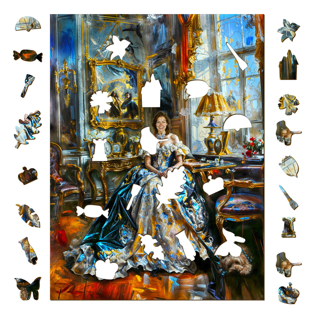 Custom wooden puzzle of a fashionable woman in a colorful room, showcasing elegant pieces and design.