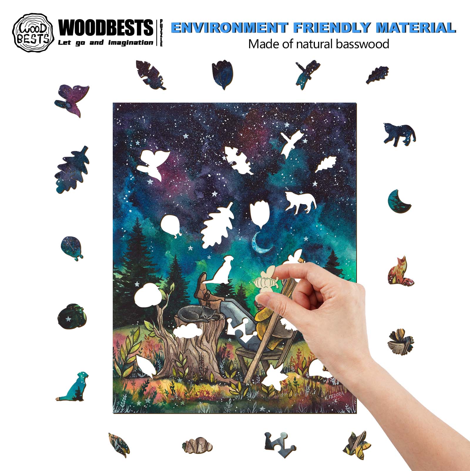 Person interacting with a colorful wooden puzzle featuring wildlife and starry night sky, made from natural basswood.