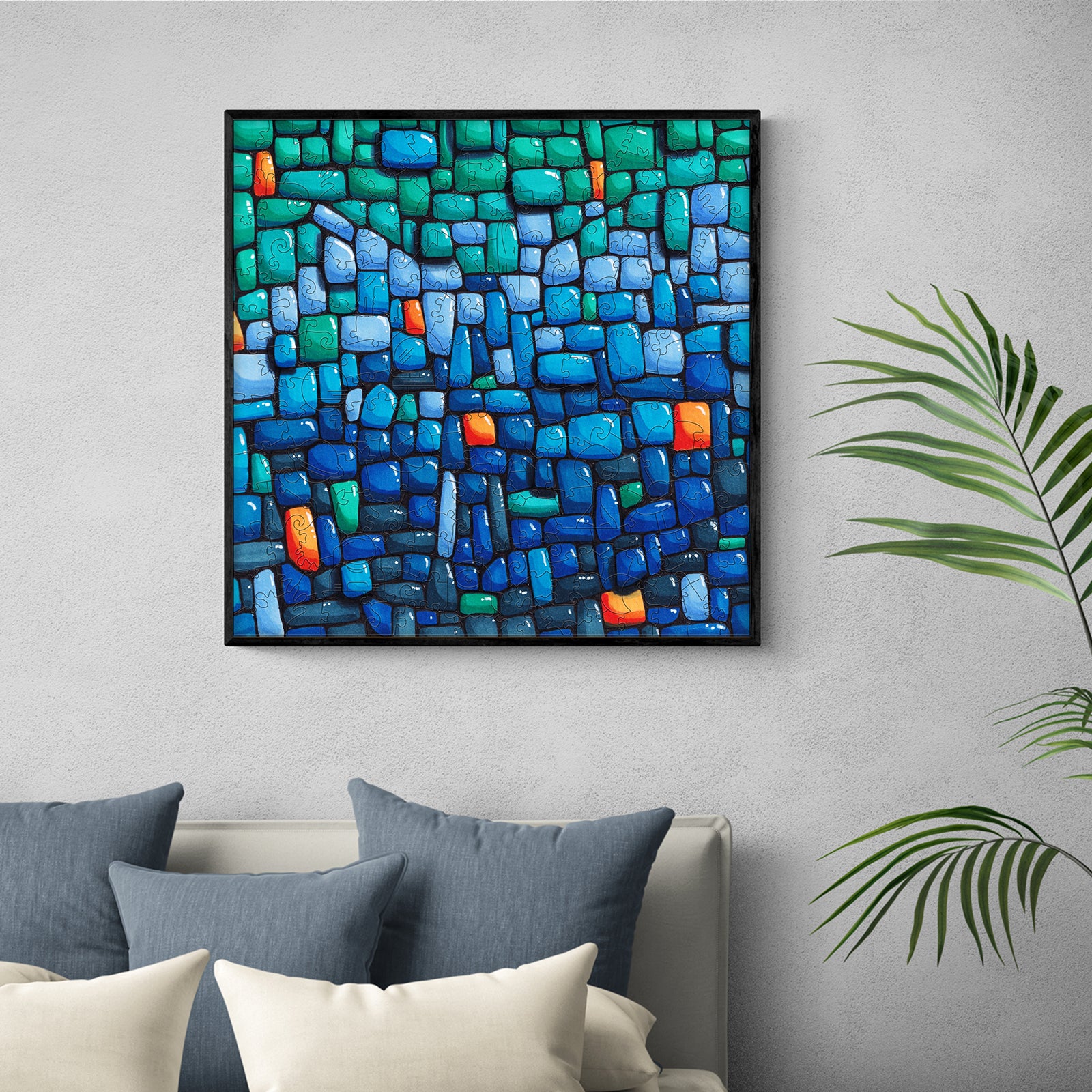 Vibrant blue wall art by Erin Desjardine, featuring colorful stone patterns, perfect for artistic home decor.