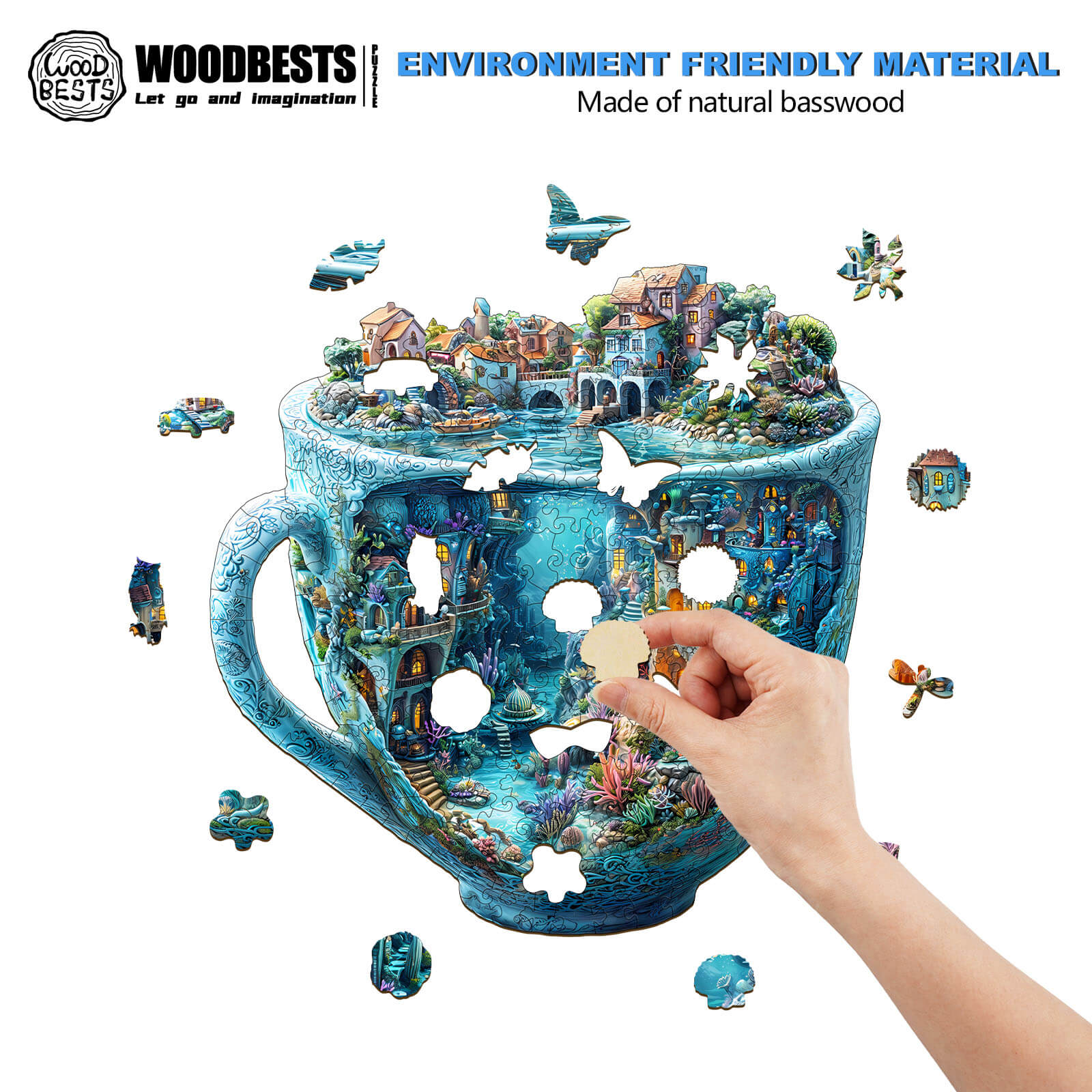 3D Ocean Mug Wooden Jigsaw Puzzle showcasing vibrant underwater scene made from natural basswood.