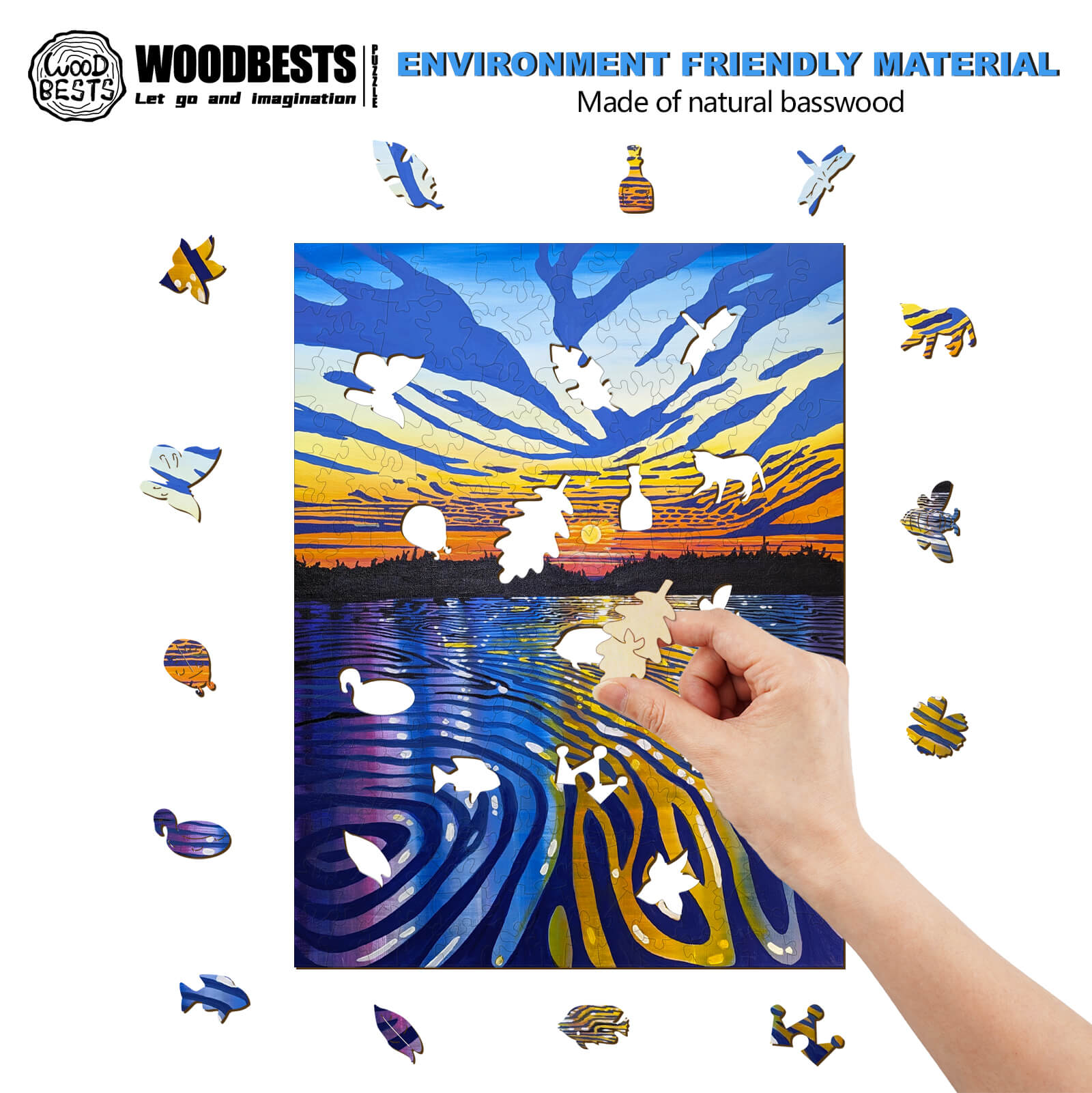 Hand assembling a colorful wooden puzzle featuring a river and wildlife, crafted from eco-friendly basswood.