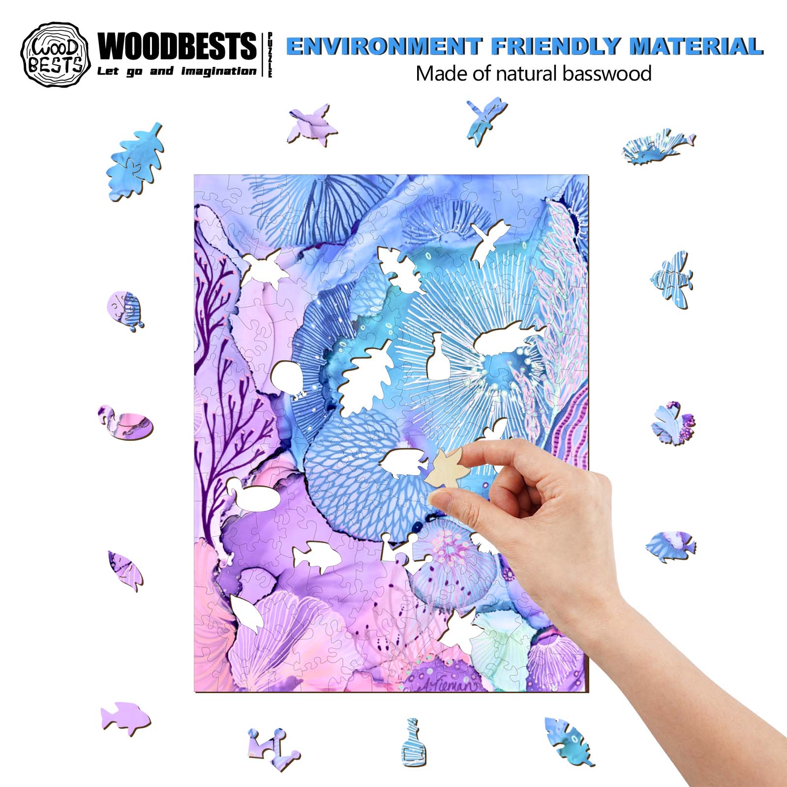 Colorful wooden jigsaw puzzle featuring sea creatures and plants, highlighting eco-friendly craftsmanship.