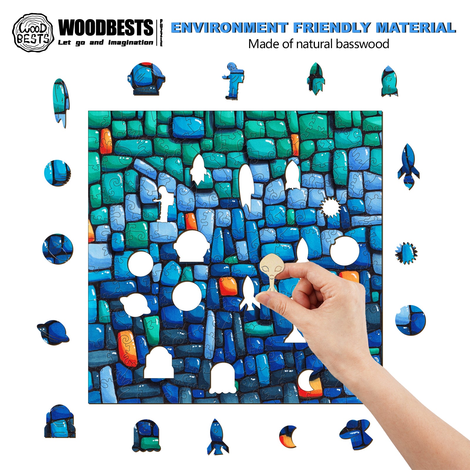 Colorful eco-friendly wooden puzzle made from natural basswood, showcasing engaging designs for kids.