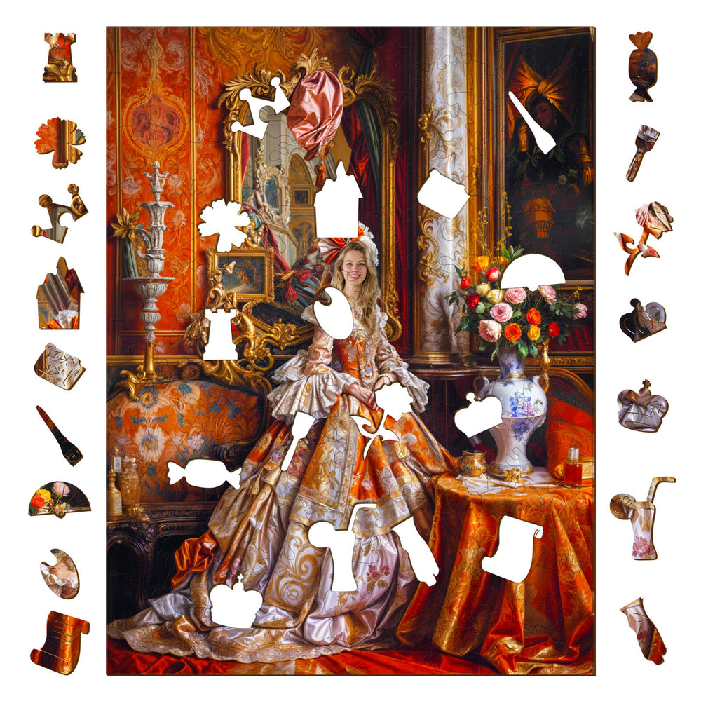 Face custom photo puzzle featuring a palace portrait with fashionable character pieces, showcasing high-quality wood craftsmanship.