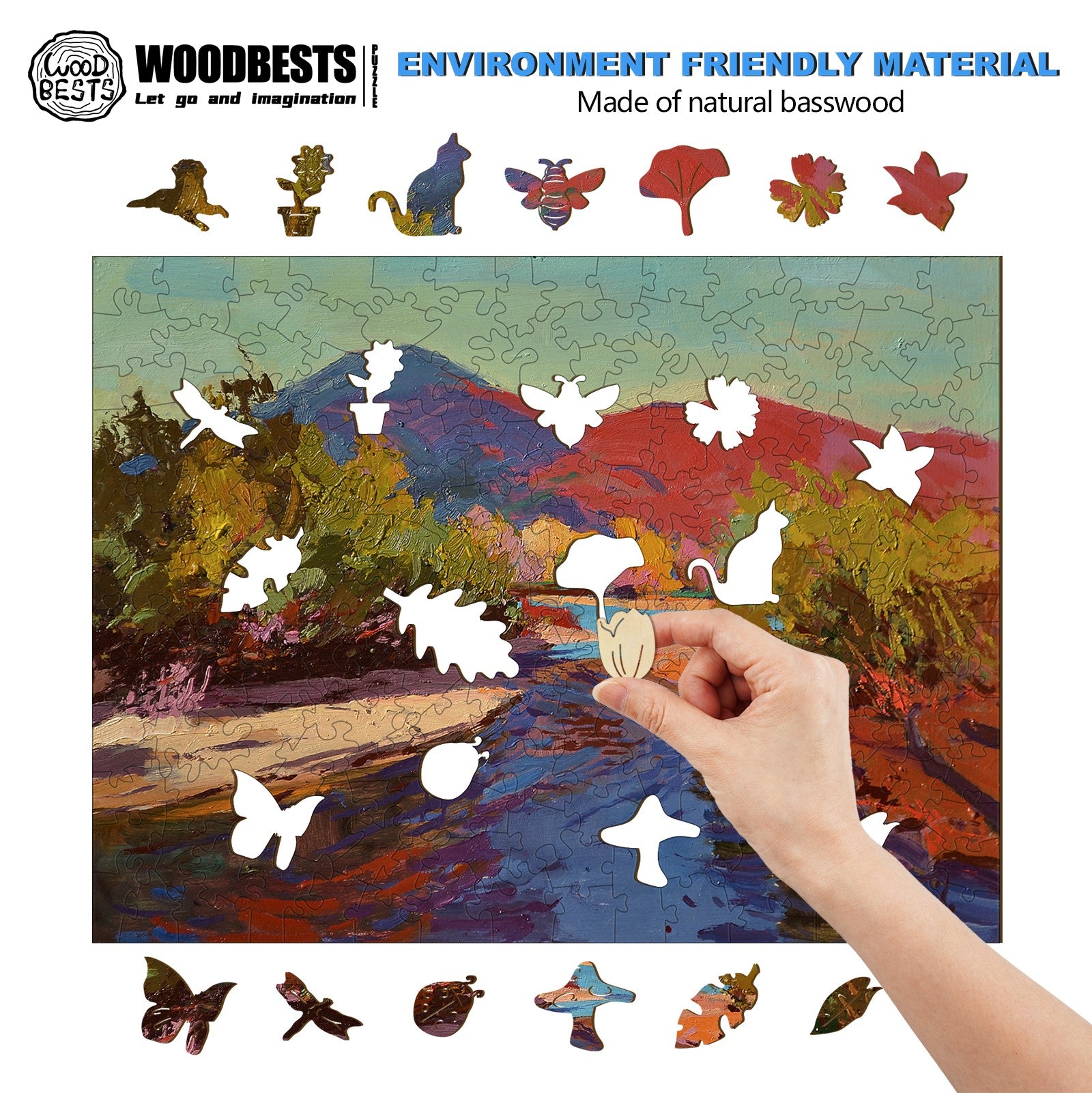 A hand assembling a colorful wooden puzzle made from natural basswood featuring various shapes and nature-themed pieces.