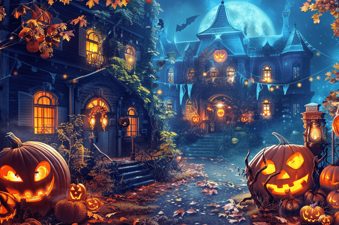 Colorful Halloween Castle scene with pumpkins, bats, and autumn leaves, perfect for puzzle lovers and Halloween enthusiasts.