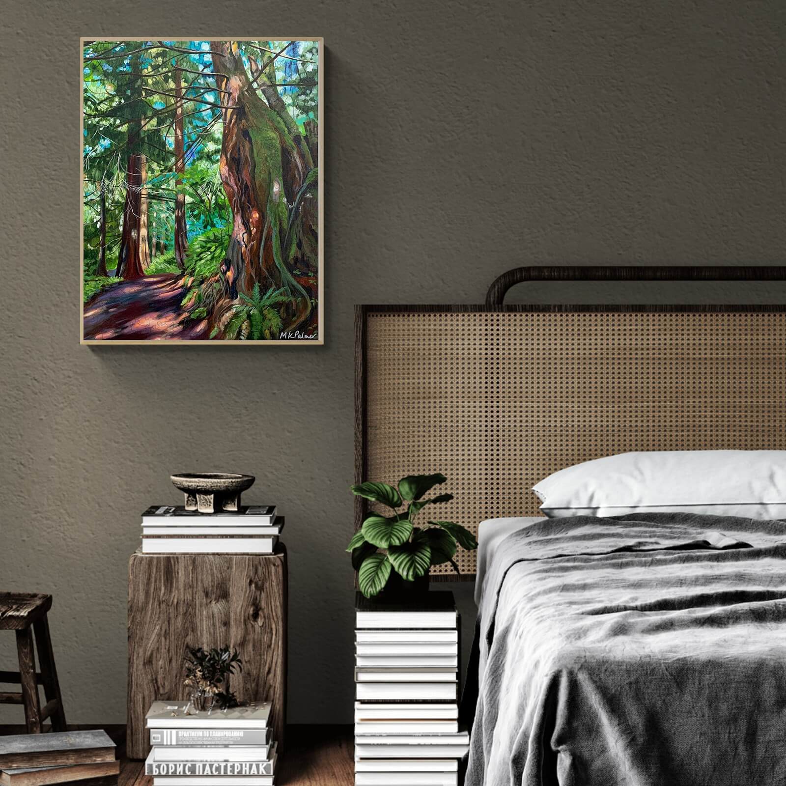 Dappled and Gnarly artwork by Marianne K Palmer, displayed in a cozy bedroom with a modern aesthetic.