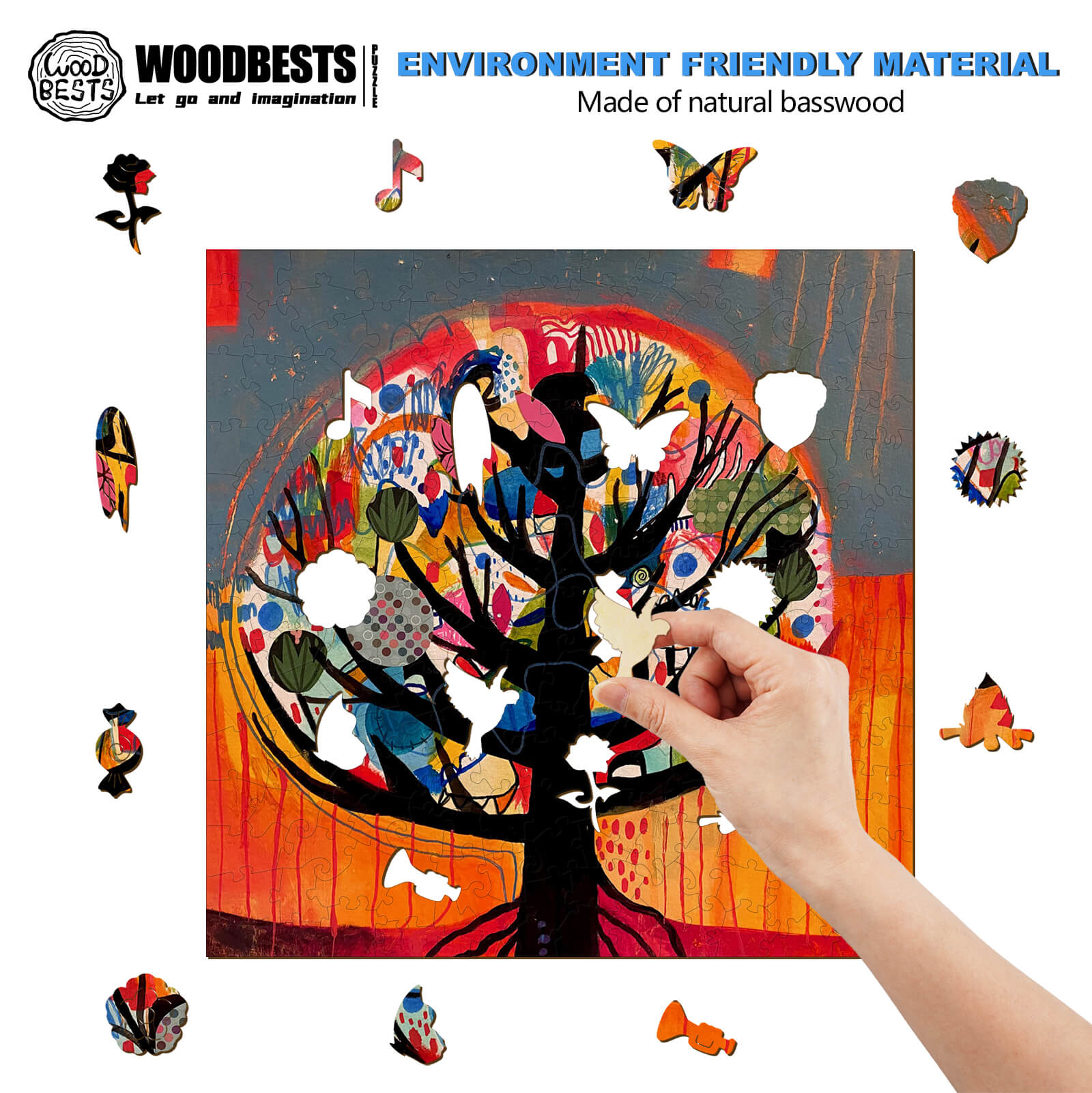 Hand placing natural basswood pieces onto a colorful tree artwork, showcasing eco-friendly creativity by Woodbest.